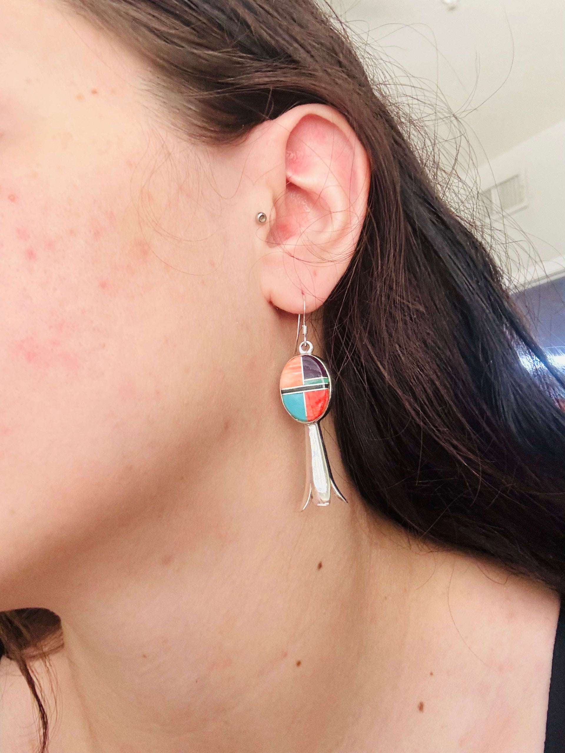 Navajo Made Multi Stone & Sterling Silver Inlay Blossom Dangle Earrings