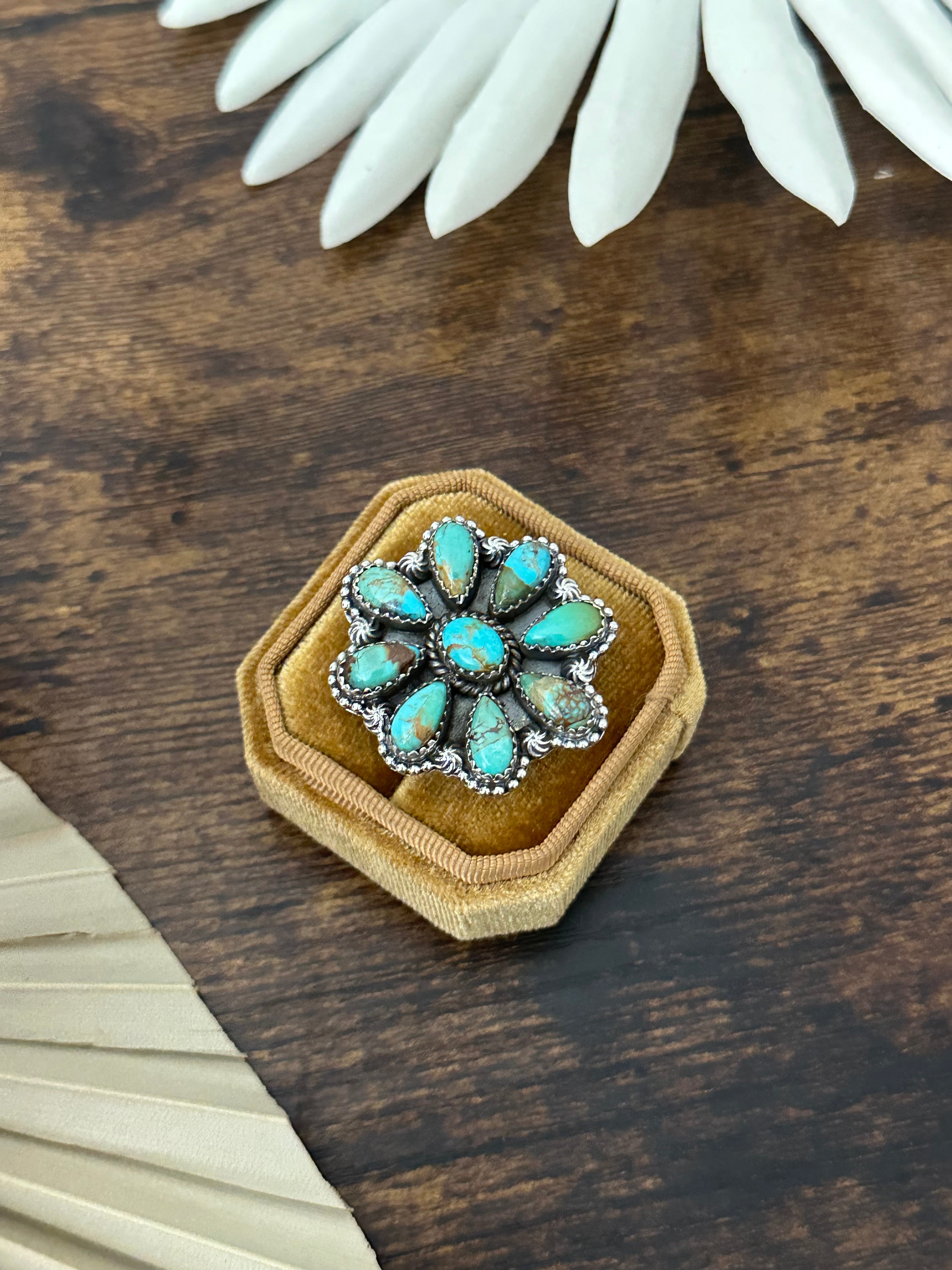 Southwest Handmade Kingman Turquoise & Sterling Silver Adjustable Cluster Ring