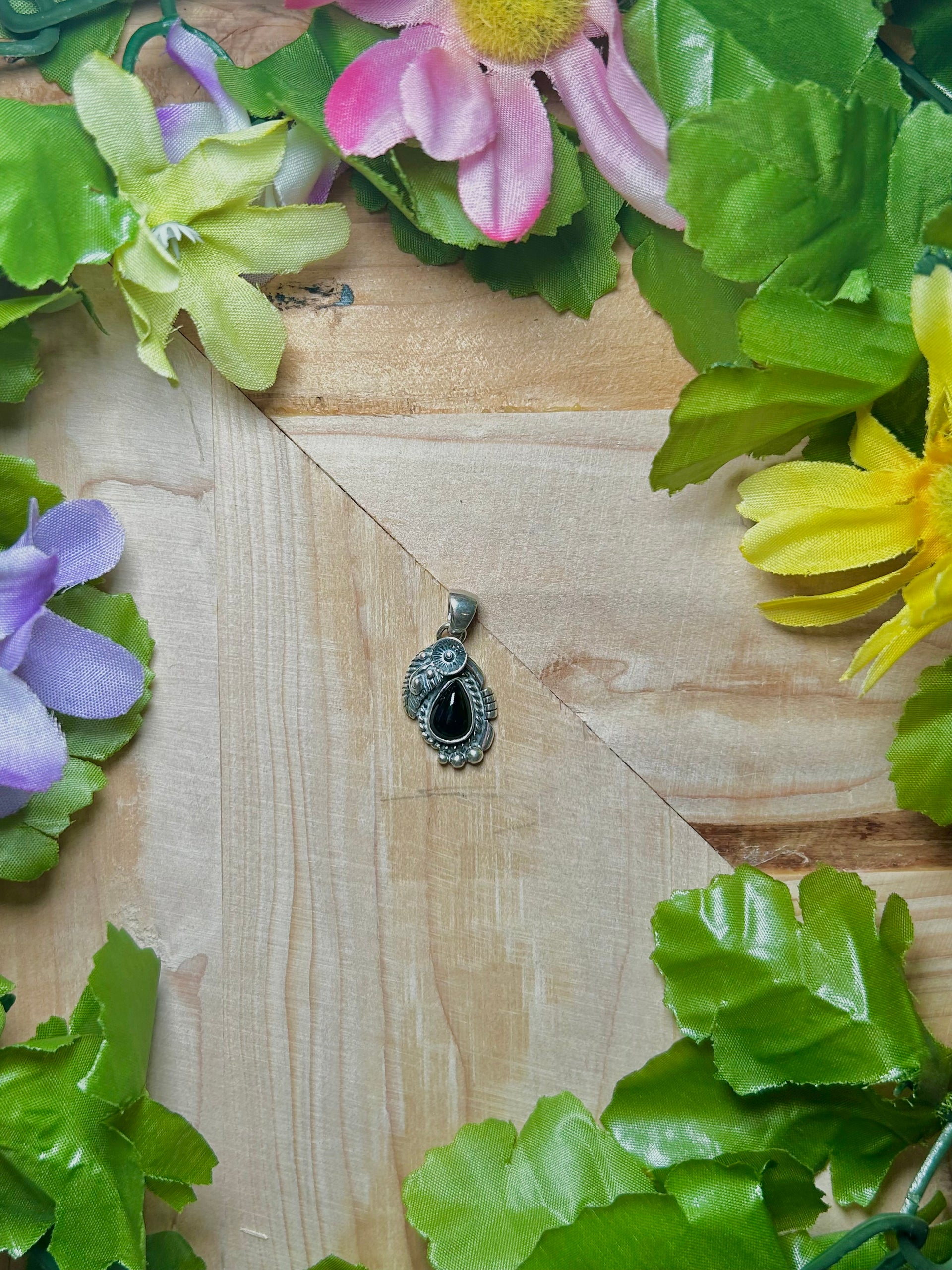 Navajo Made Onyx & Sterling Silver Pendant