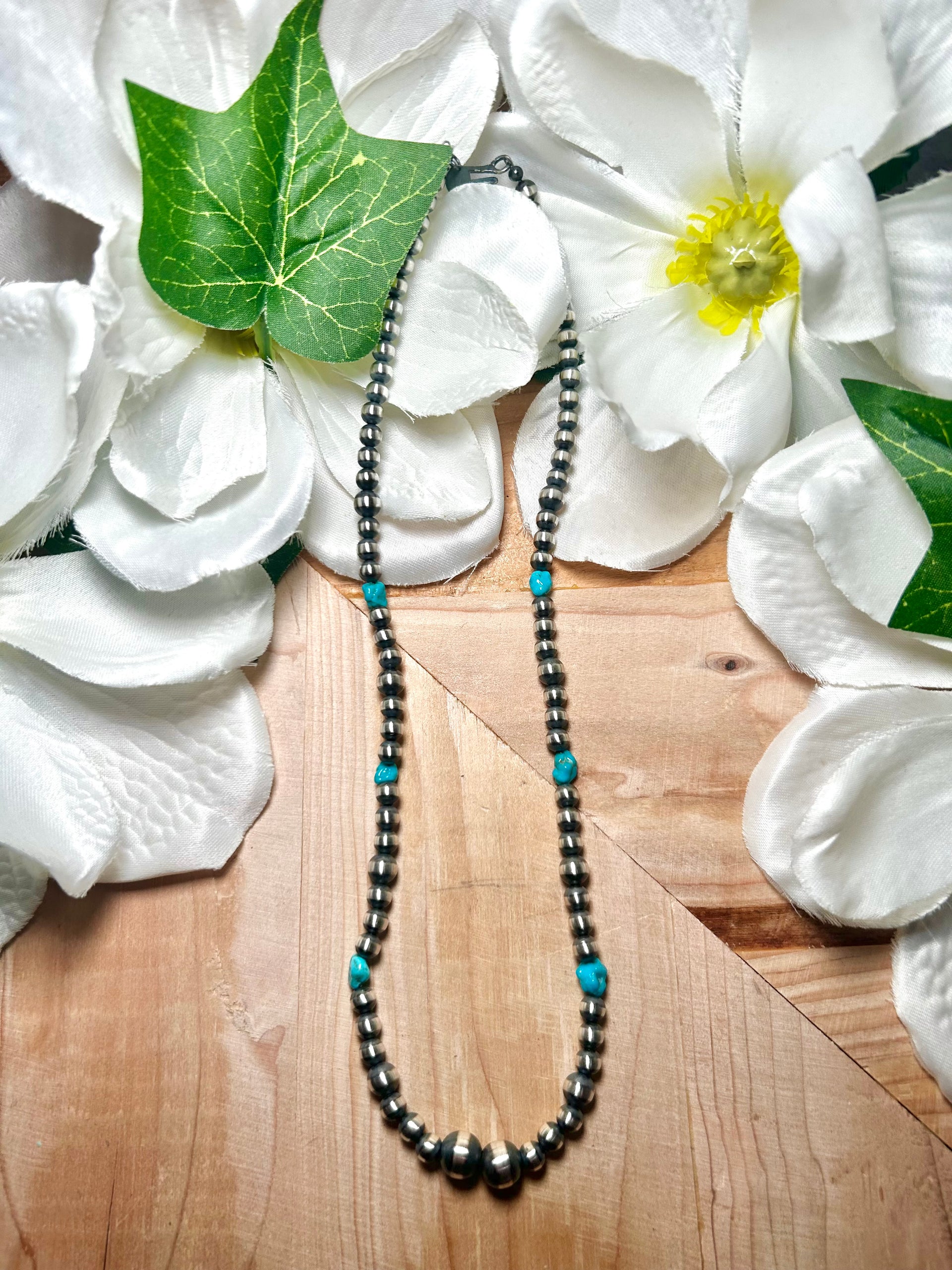 Navajo Made Strung Kingman Turquoise & Sterling Silver Necklace