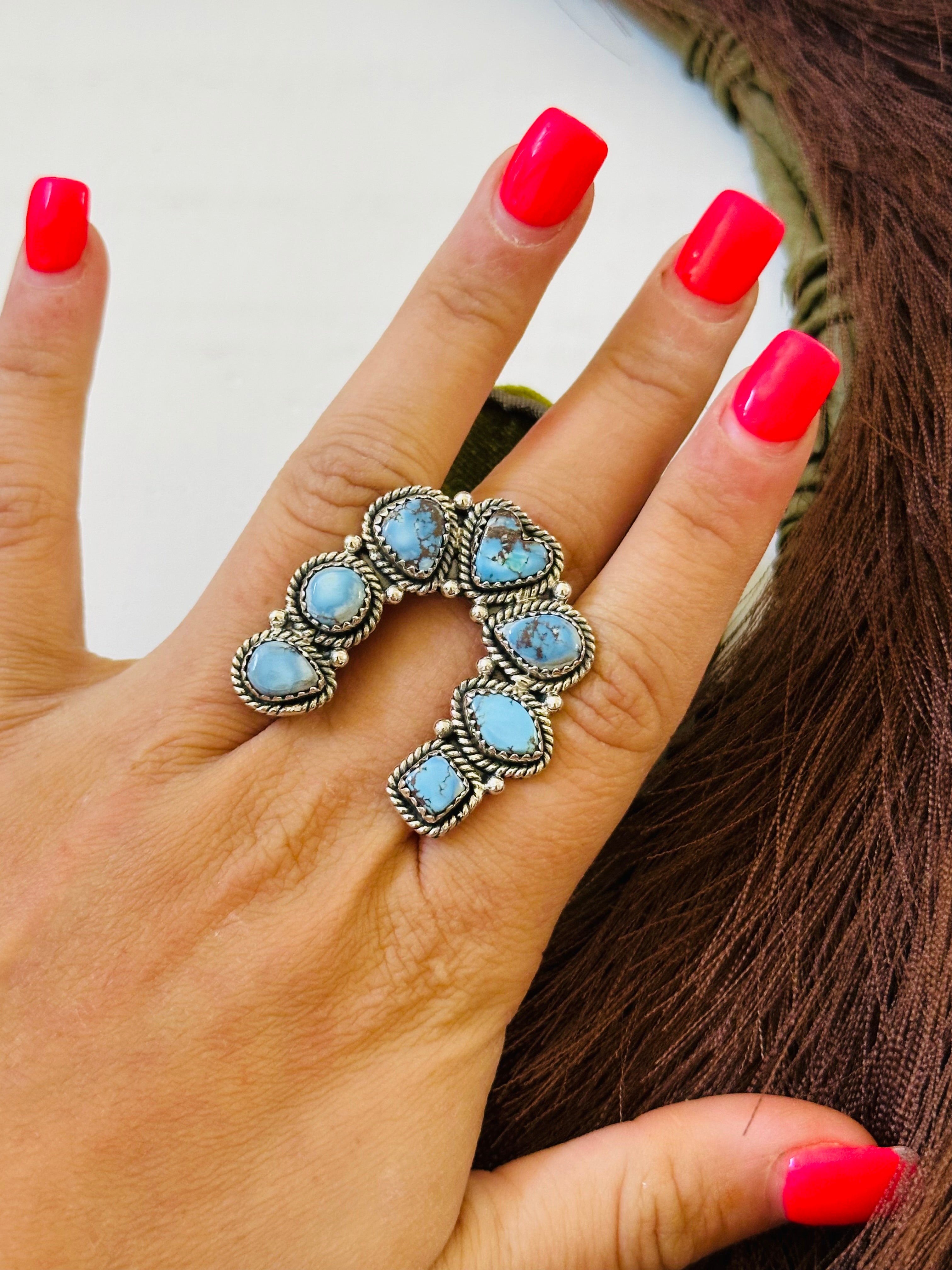 TTD “Prosperous” Golden Hills Turquoise & Sterling Silver Adjustable Cluster Naja Ring