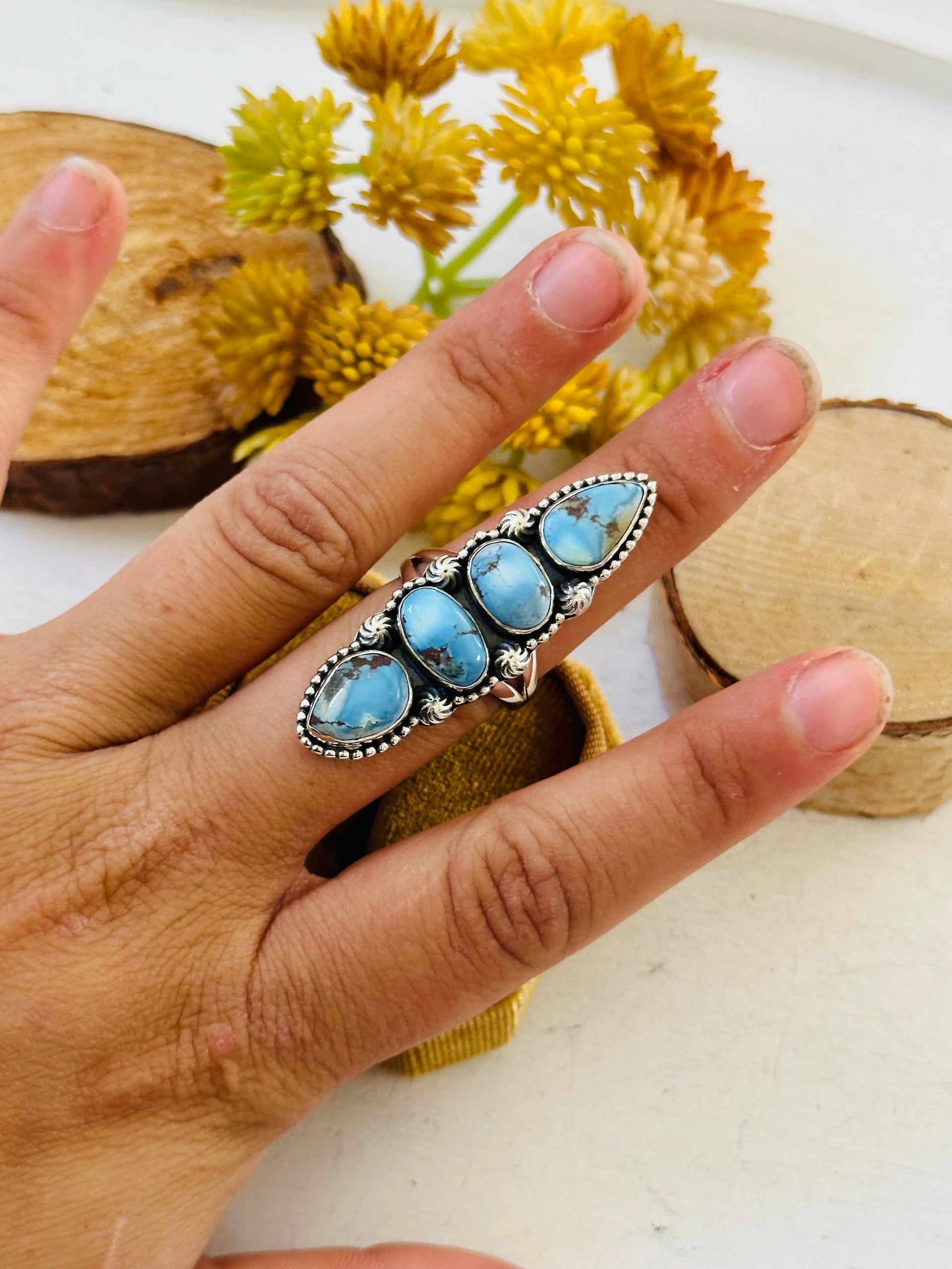 Southwest Handmade Golden Hills Turquoise & Sterling Silver Ring Size 7.25