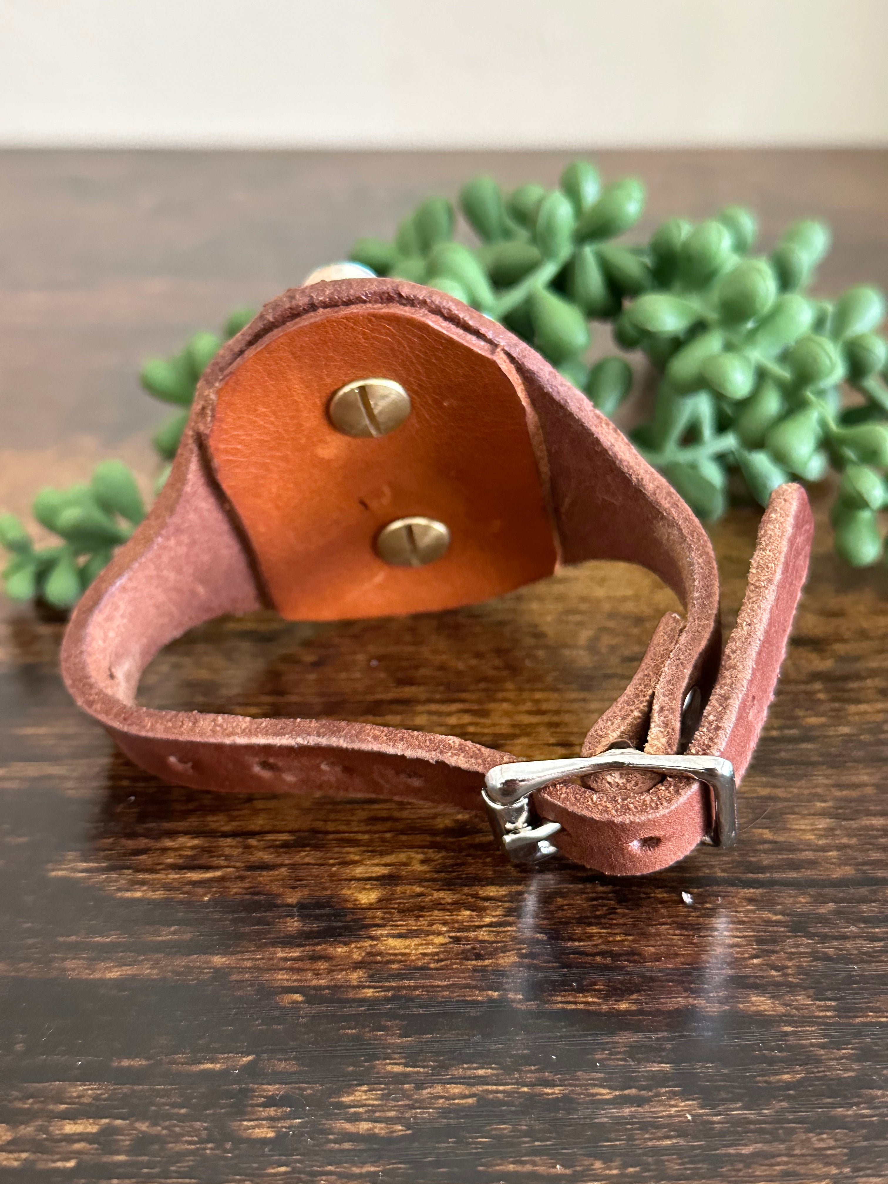 Navajo Made Sonoran Gold Turquoise & Sterling Silver Leather Bracelet