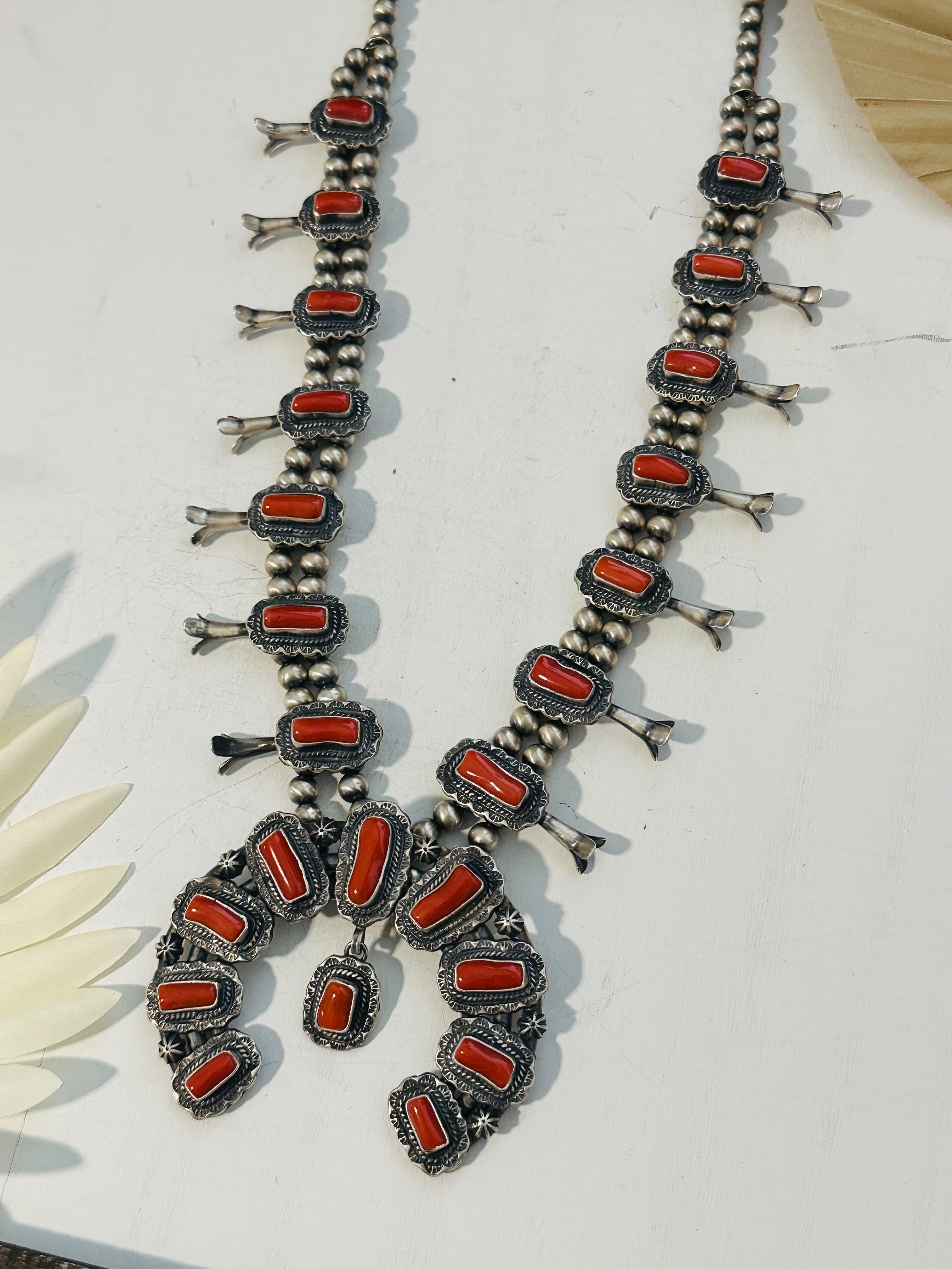 Thomas Francisco Coral & Sterling Silver Squash Blossom Necklace