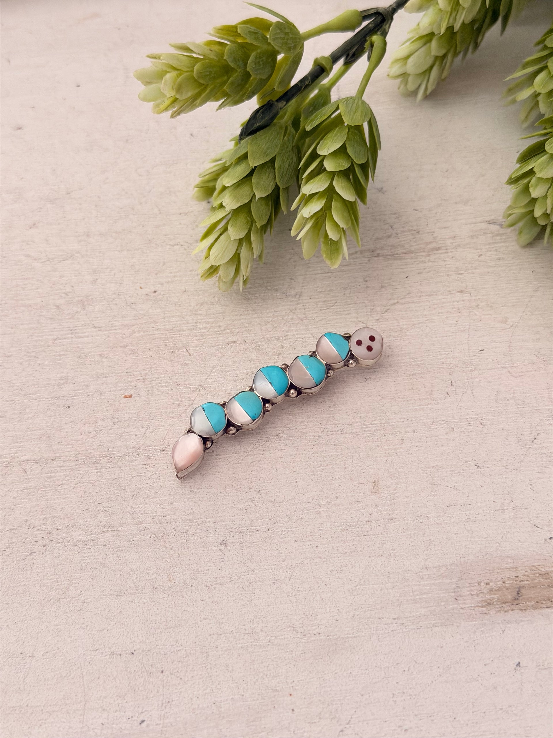 Zuni Made Multi Stone & Sterling Silver Caterpillar Pin