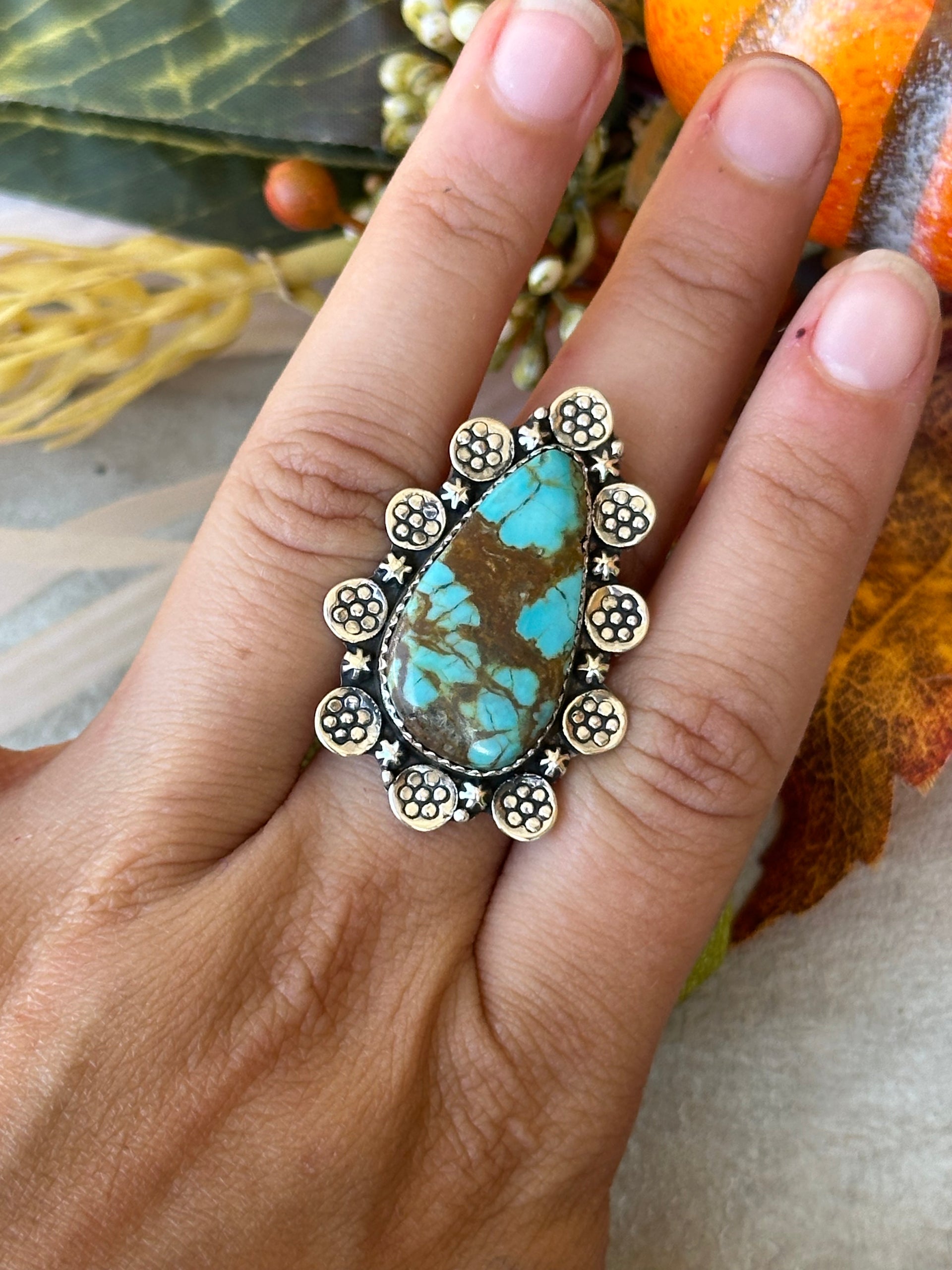 Southwest Handmade #8 Turquoise & Sterling Silver Adjustable Ring