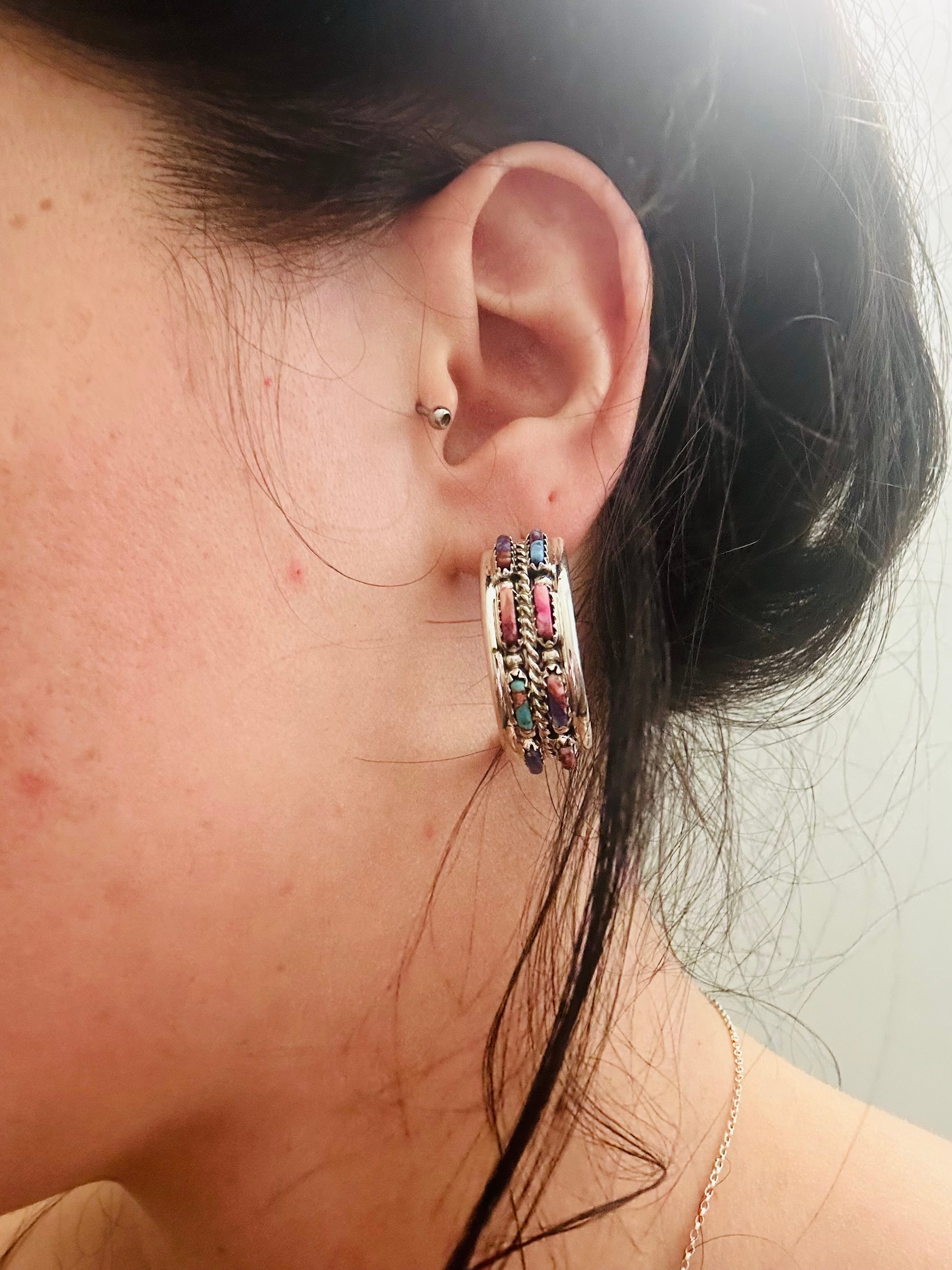 Navajo Made Pink Mohave Turquoise & Sterling Silver Post Hoop Earrings