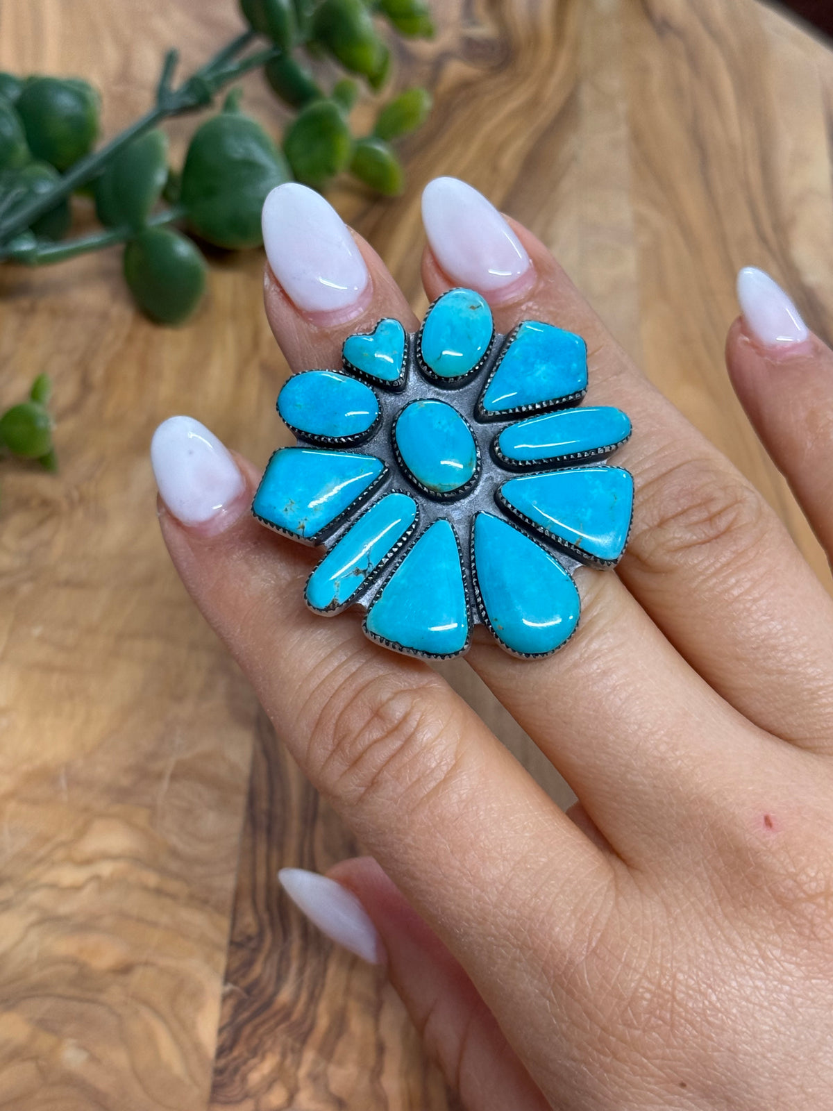 Southwest Handmade Kingman Turquoise & Sterling Silver Cluster Ring