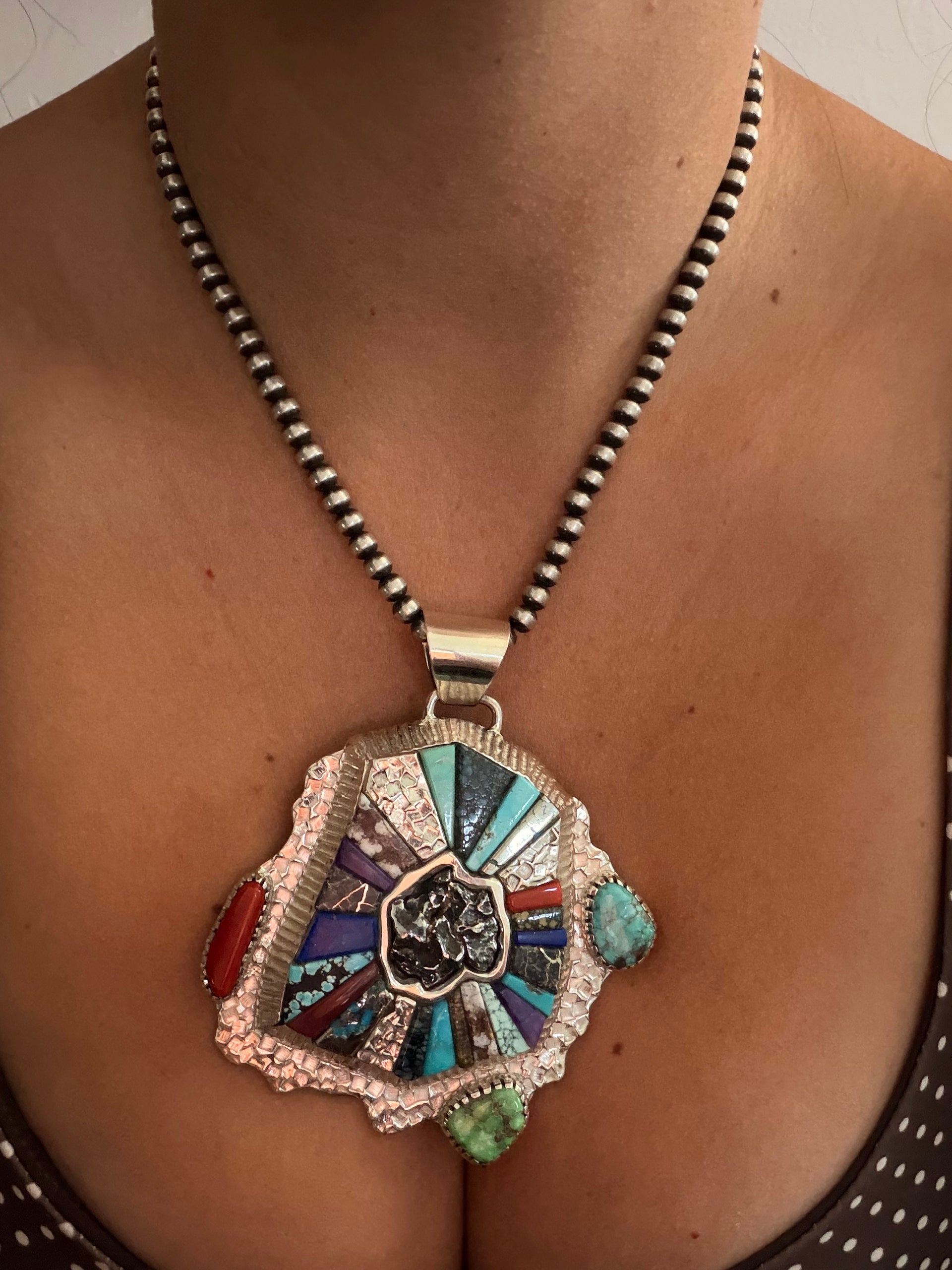 Alvin Yellowhorse High Grade Multi Stone & Meteorite & Sterling Silver Cluster Cobblestone Pendant