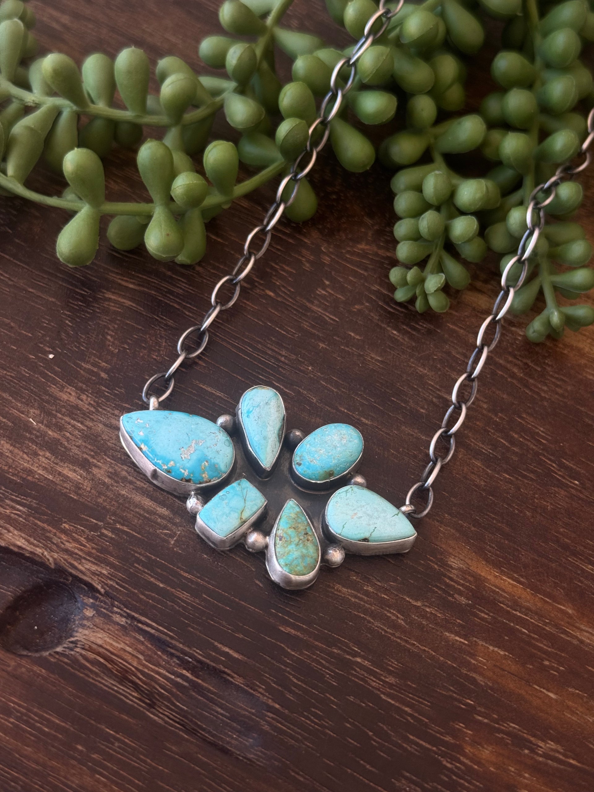 Navajo Made Mixed Turquoise & Sterling Sliver Cluster Necklace