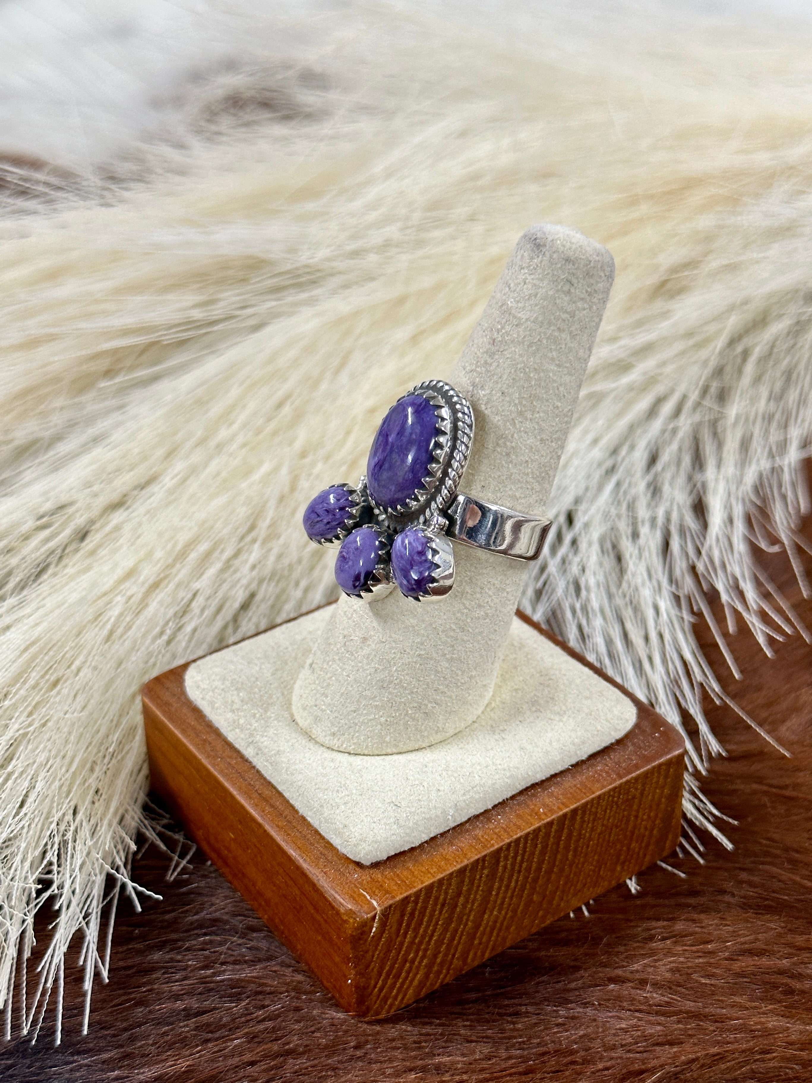 Southwest Handmade Charoite & Sterling Silver Adjustable Cluster Ring