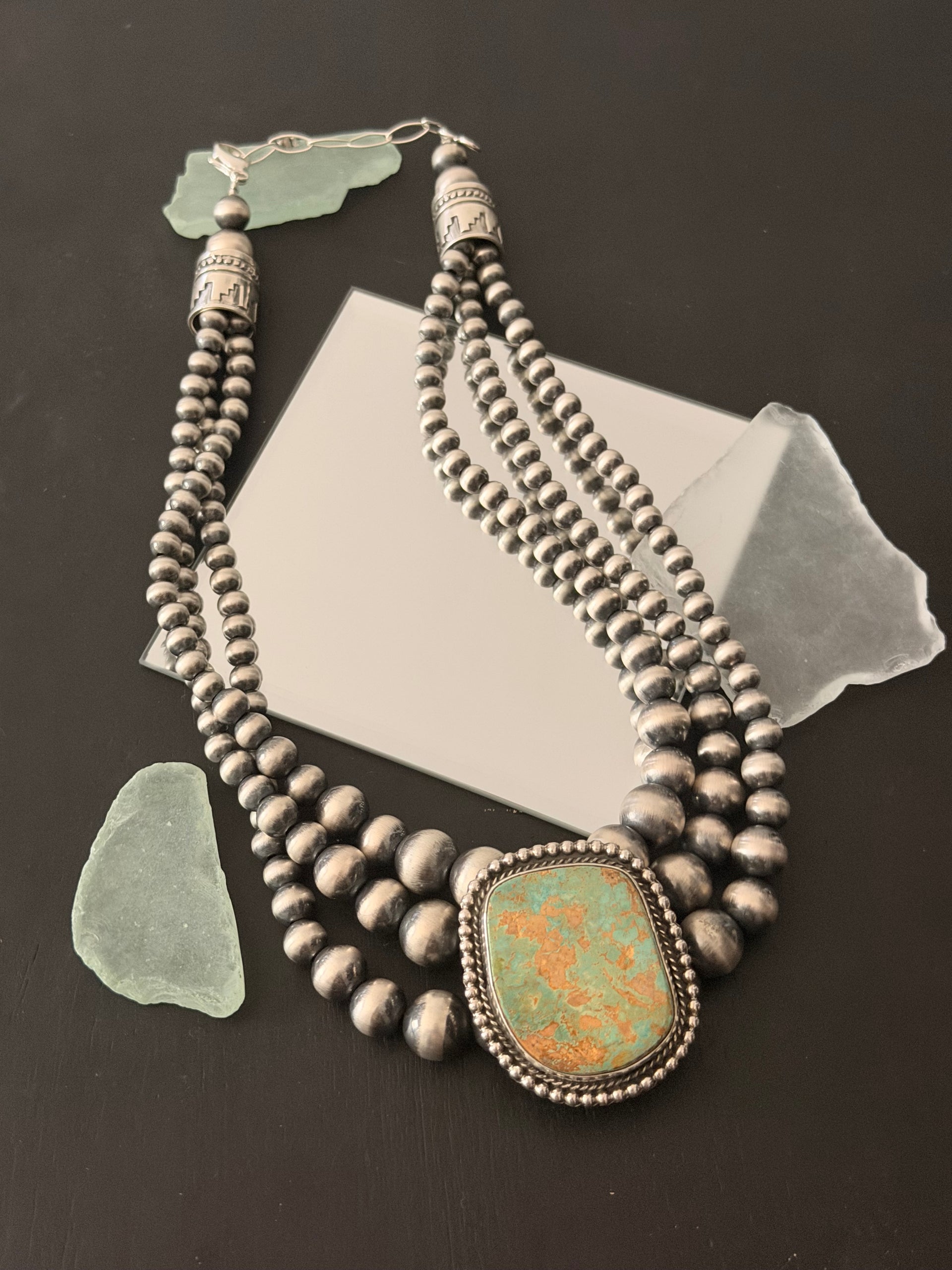 Elaine Skeets Made Royston Turquoise & Sterling Silver 3 Strand Beaded Necklace