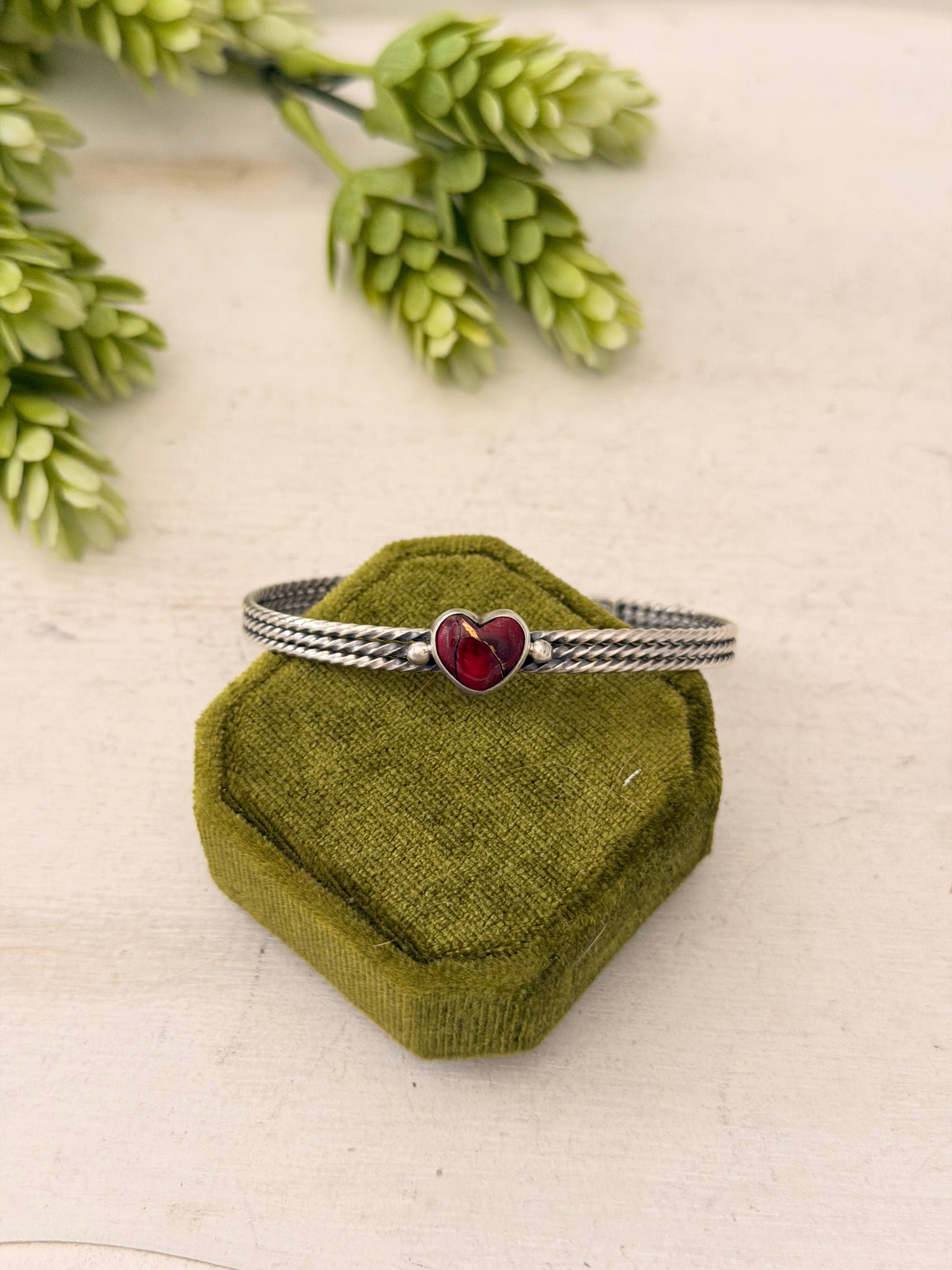 Navajo Made Rose Dahlia & Sterling Silver Heart Cuff Bracelet