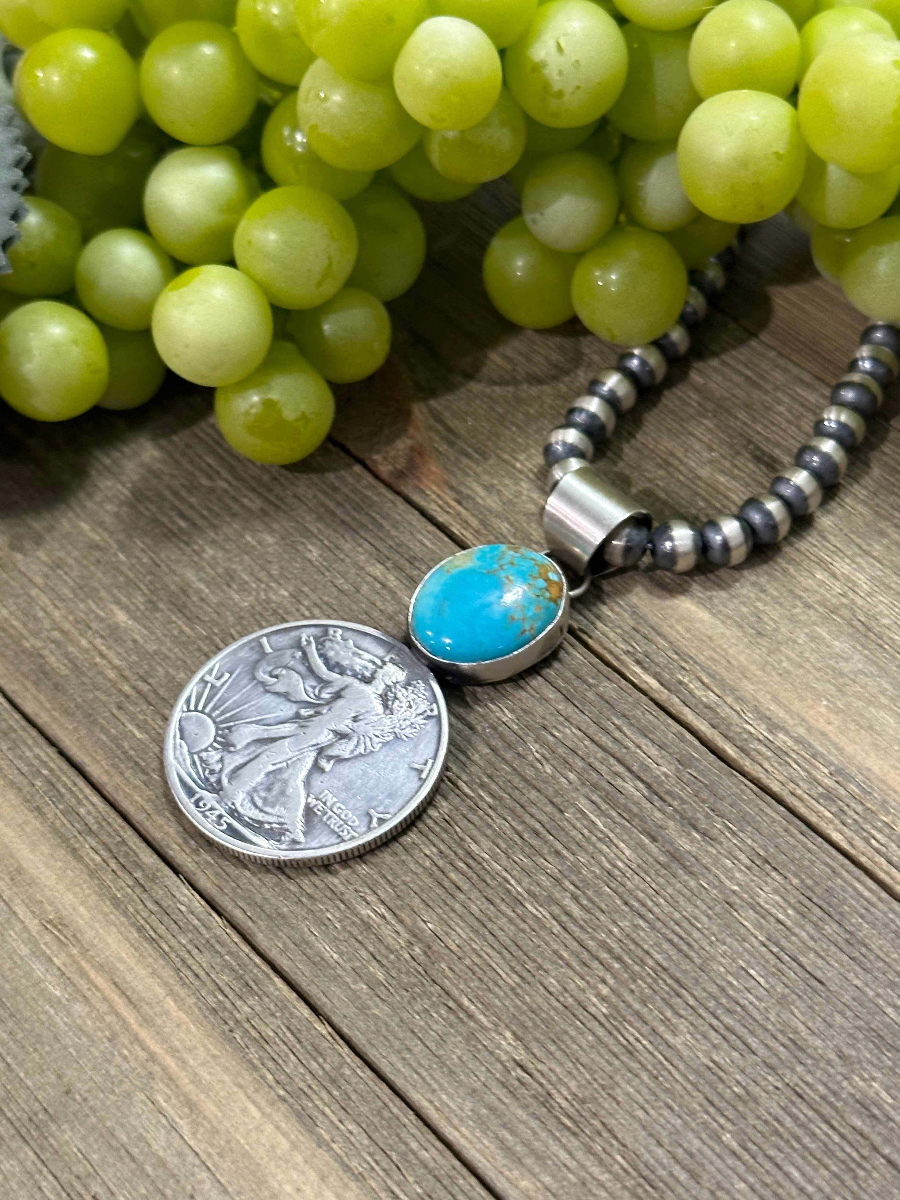 Navajo Made Kingman Turquoise & Sterling Silver Dollar Pendant