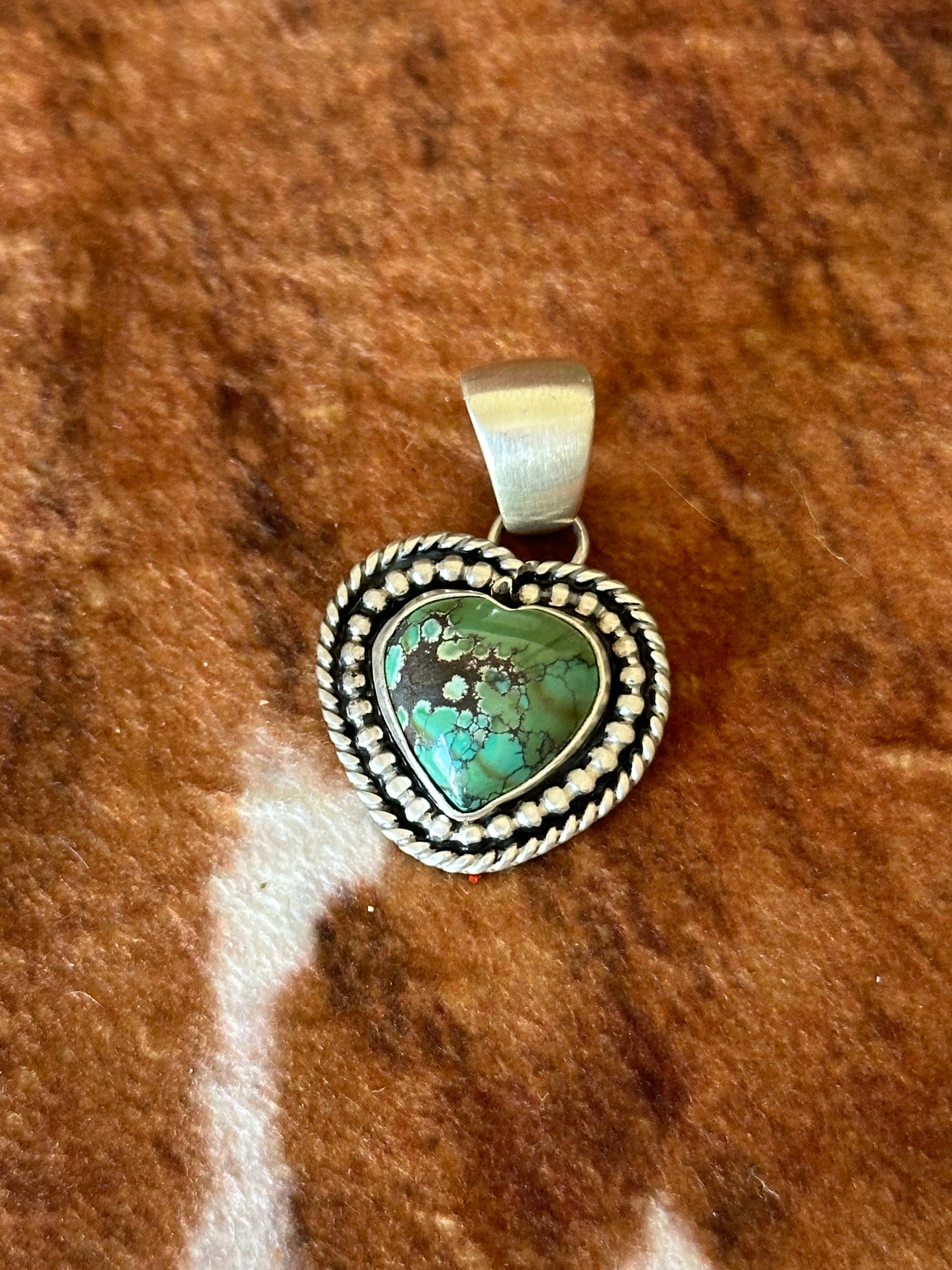 Navajo Handmade Hubei Turquoise & Sterling Silver Heart Pendant