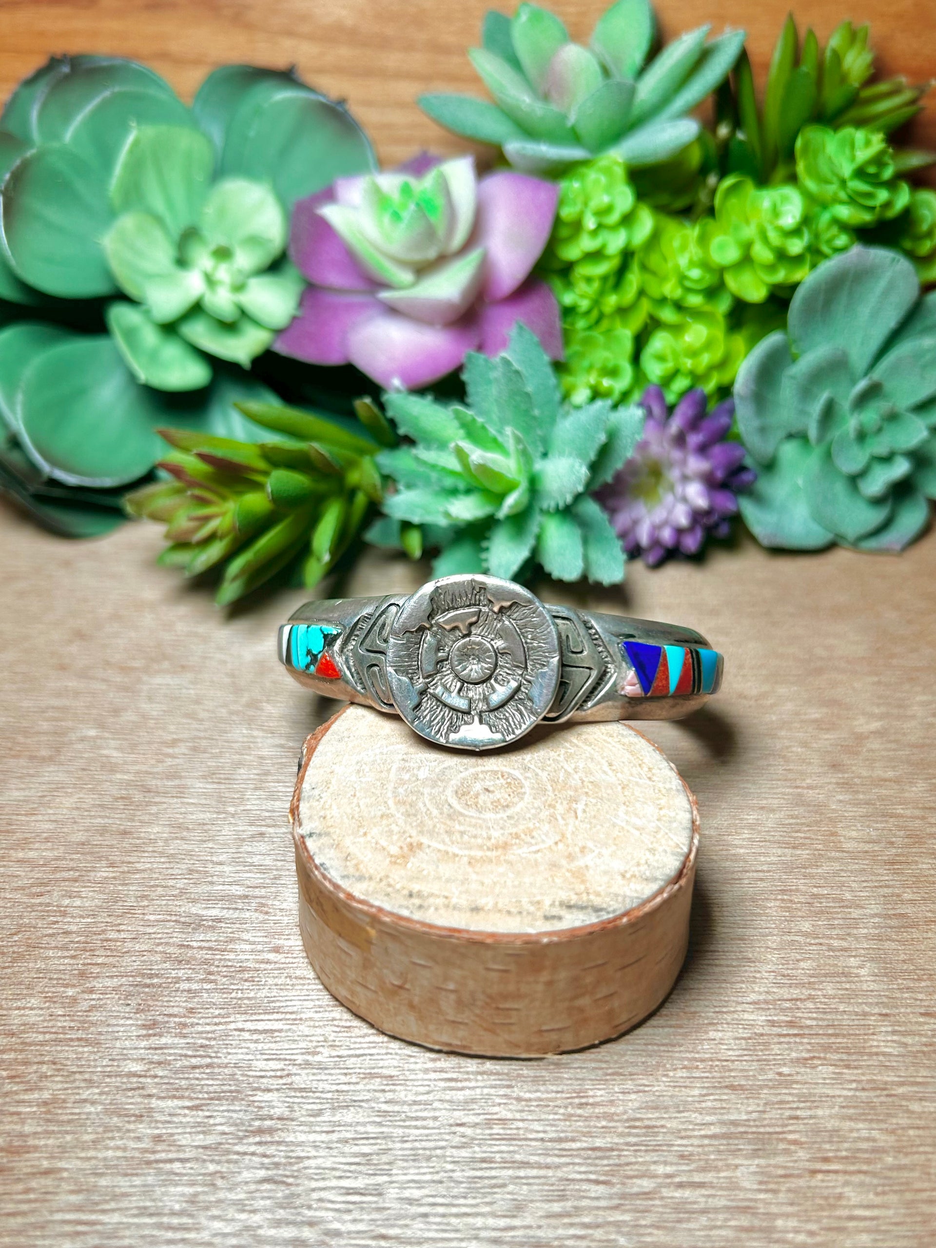 Vintage Navajo Multi Stone & Sterling Silver Cuff Bracelet