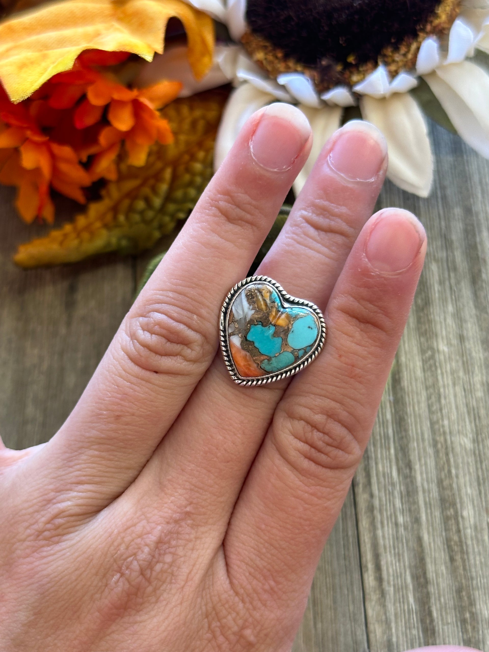Southwest Handmade Mohave Turquoise & Sterling Silver Adjustable Heart Ring