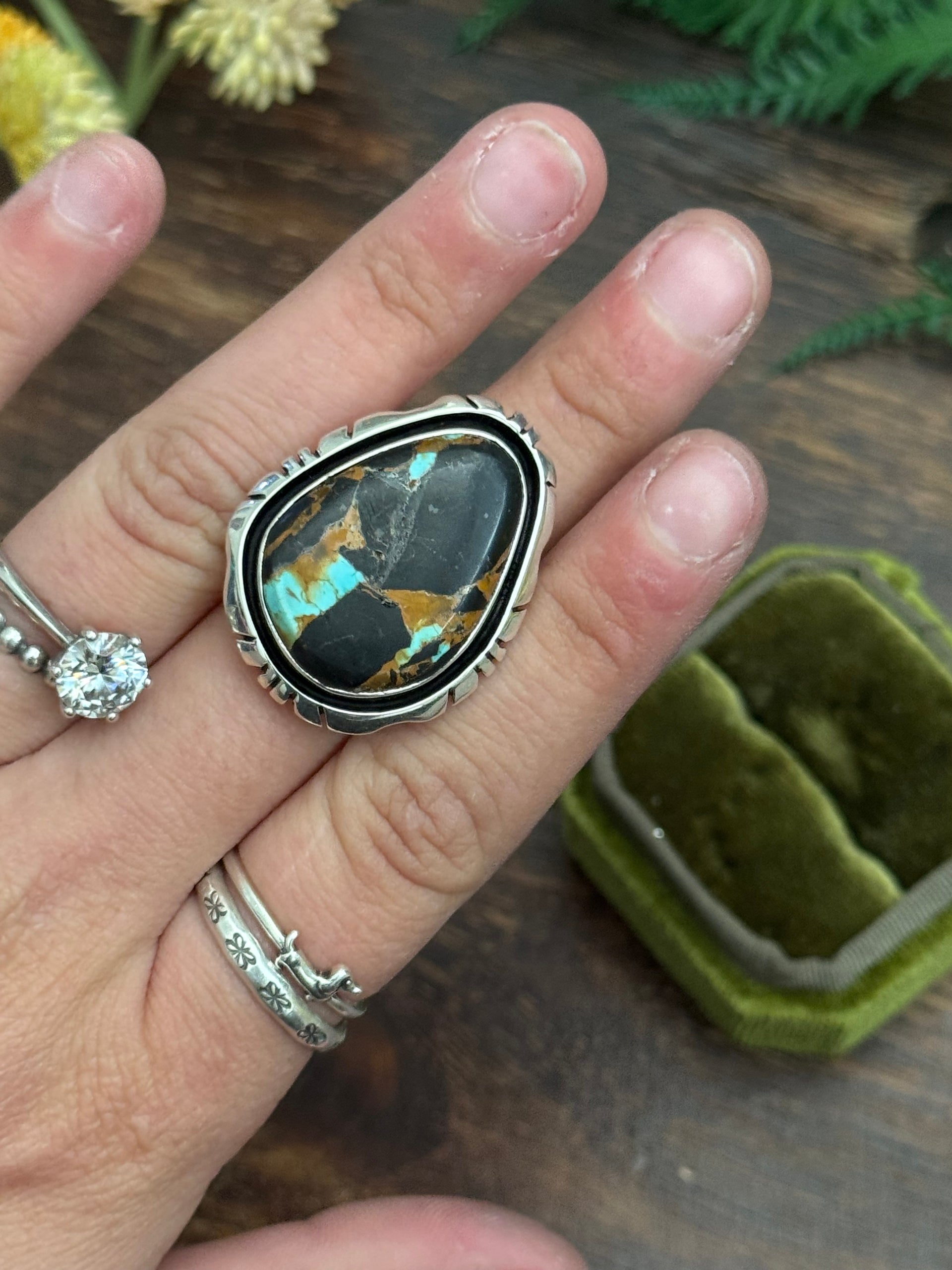 Navajo Made Black Jack Turquoise & Sterling Silver Adjustable Ring