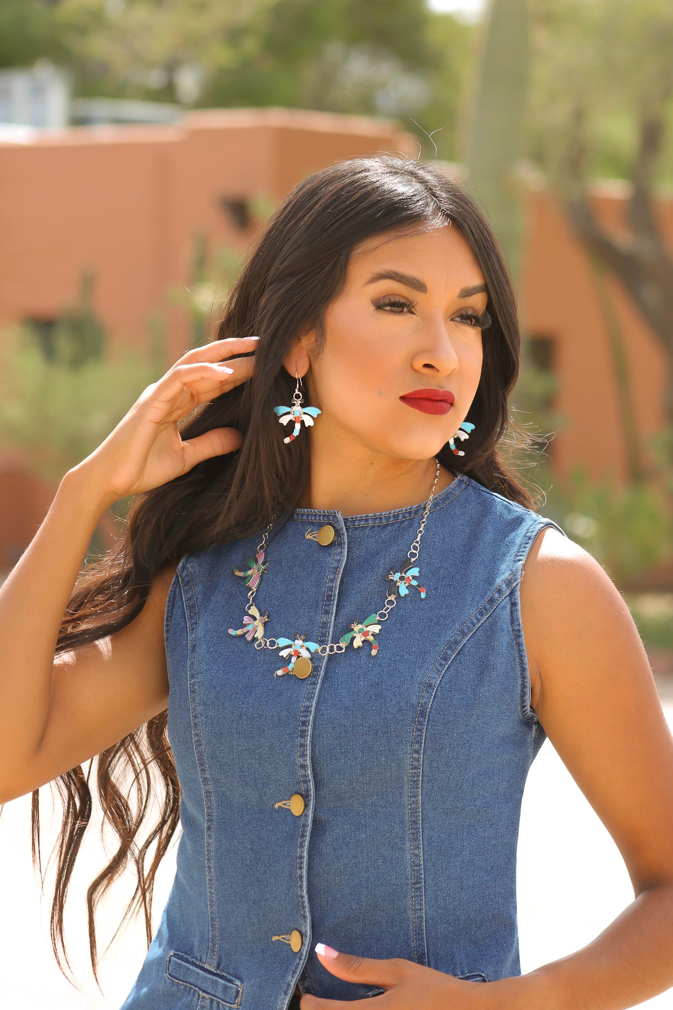 Zuni Made Zuni Multi Stone & Sterling Silver Dragonfly Necklace Set