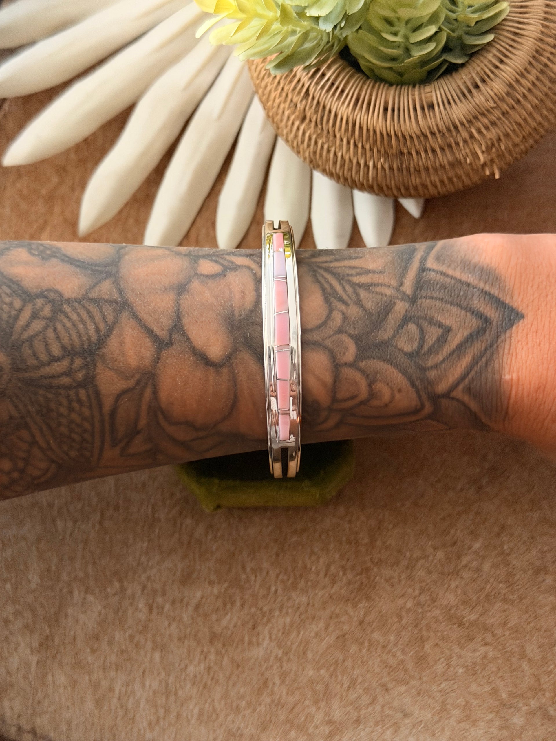 Navajo Made Pink Conch & Sterling Silver Cuff Bracelet