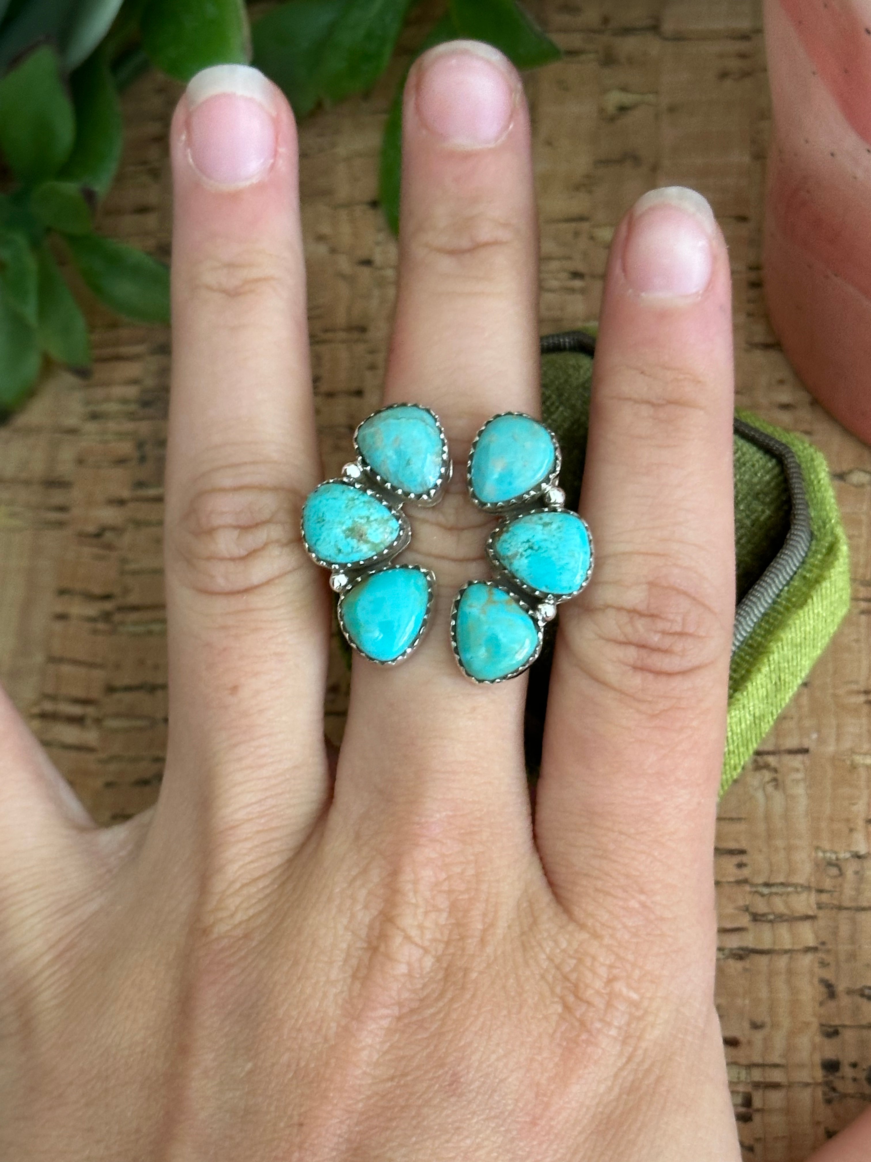 Southwest Handmade Kingman Turquoise & Sterling Silver Adjustable Cluster Ring