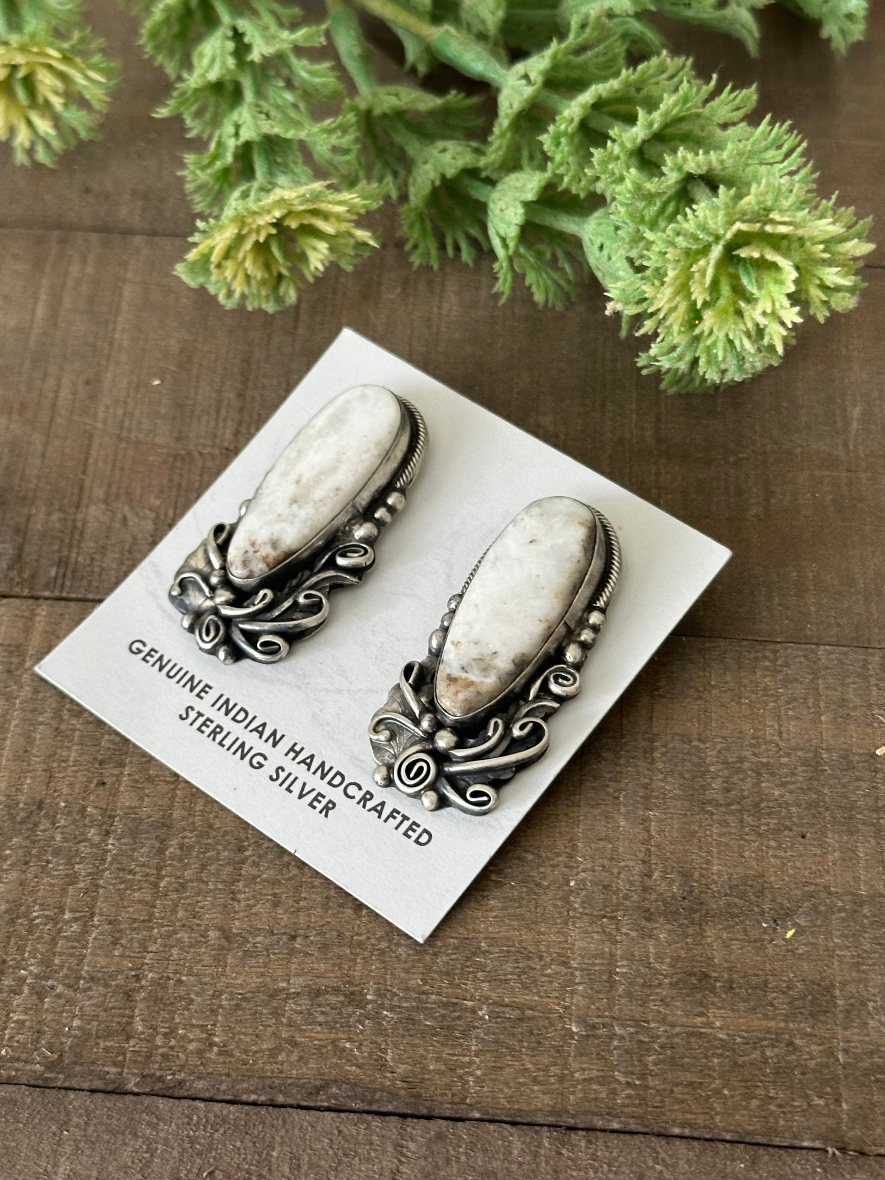 Navajo Made White Buffalo & Sterling Silver Post Dangle Earrings