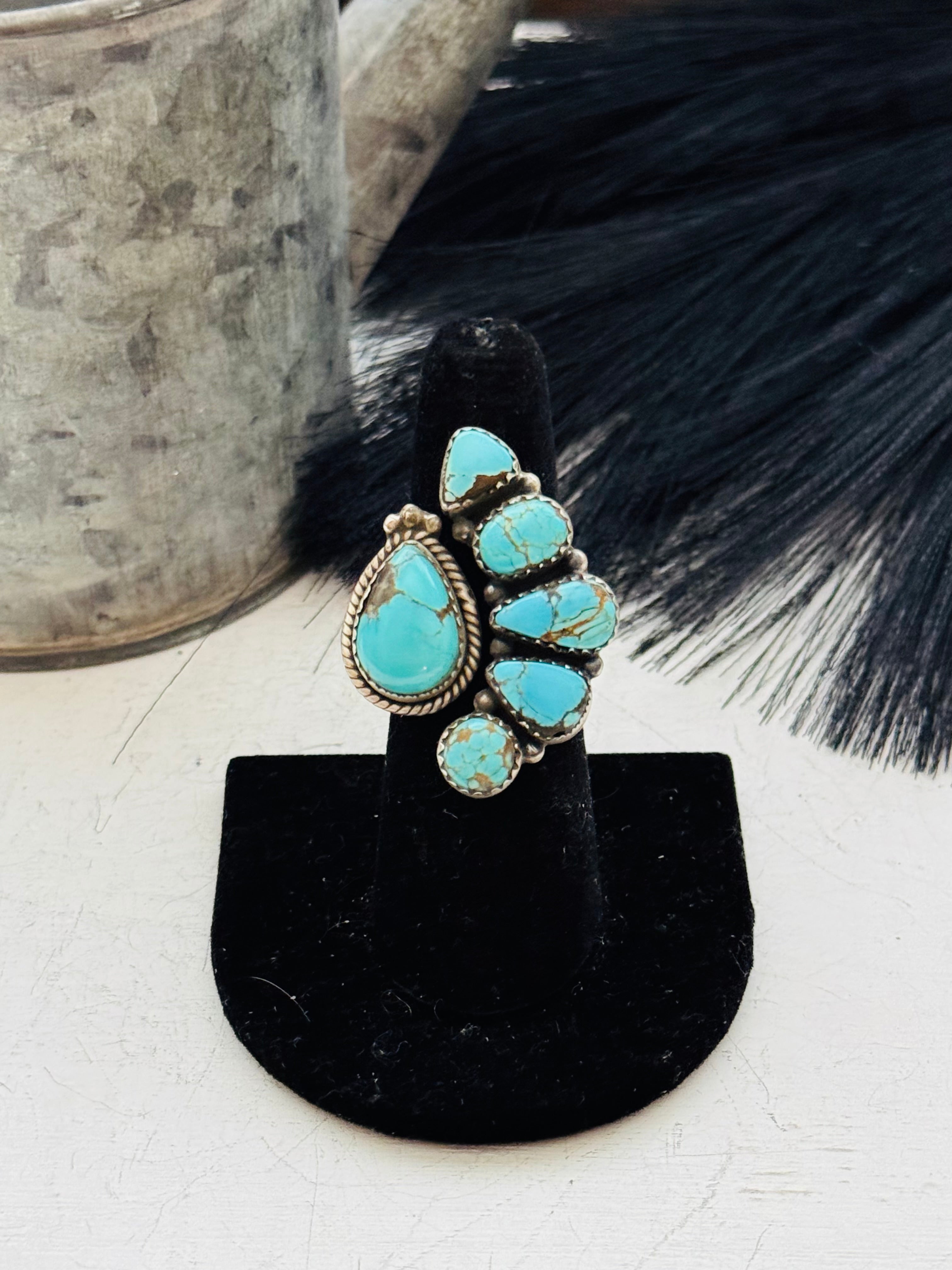 Southwest Handmade #8 Turquoise & Sterling Silver Adjustable Cluster Ring