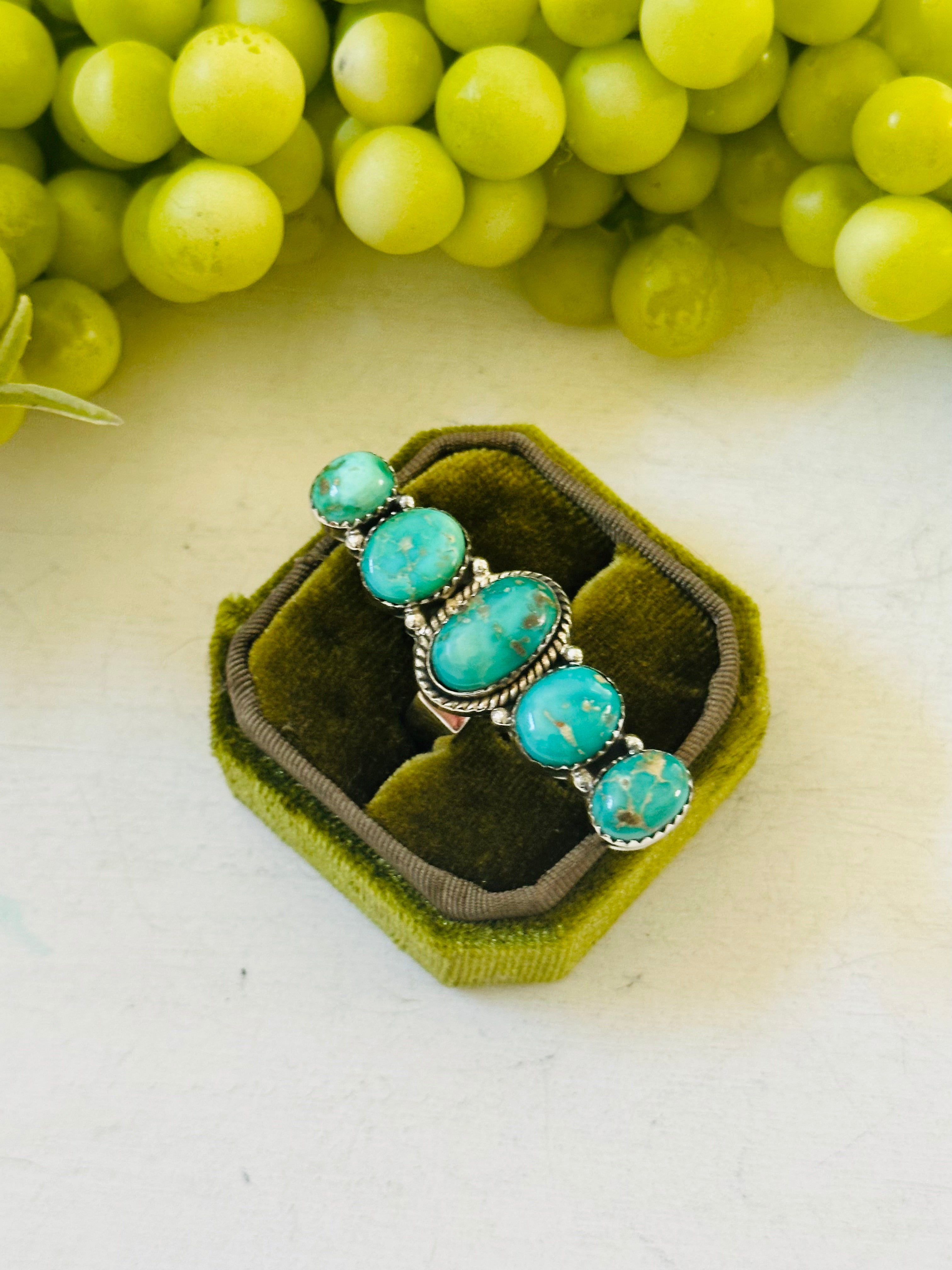 Southwest Handmade Emerald Valley Turquoise & Sterling Silver Adjustable Cluster Ring