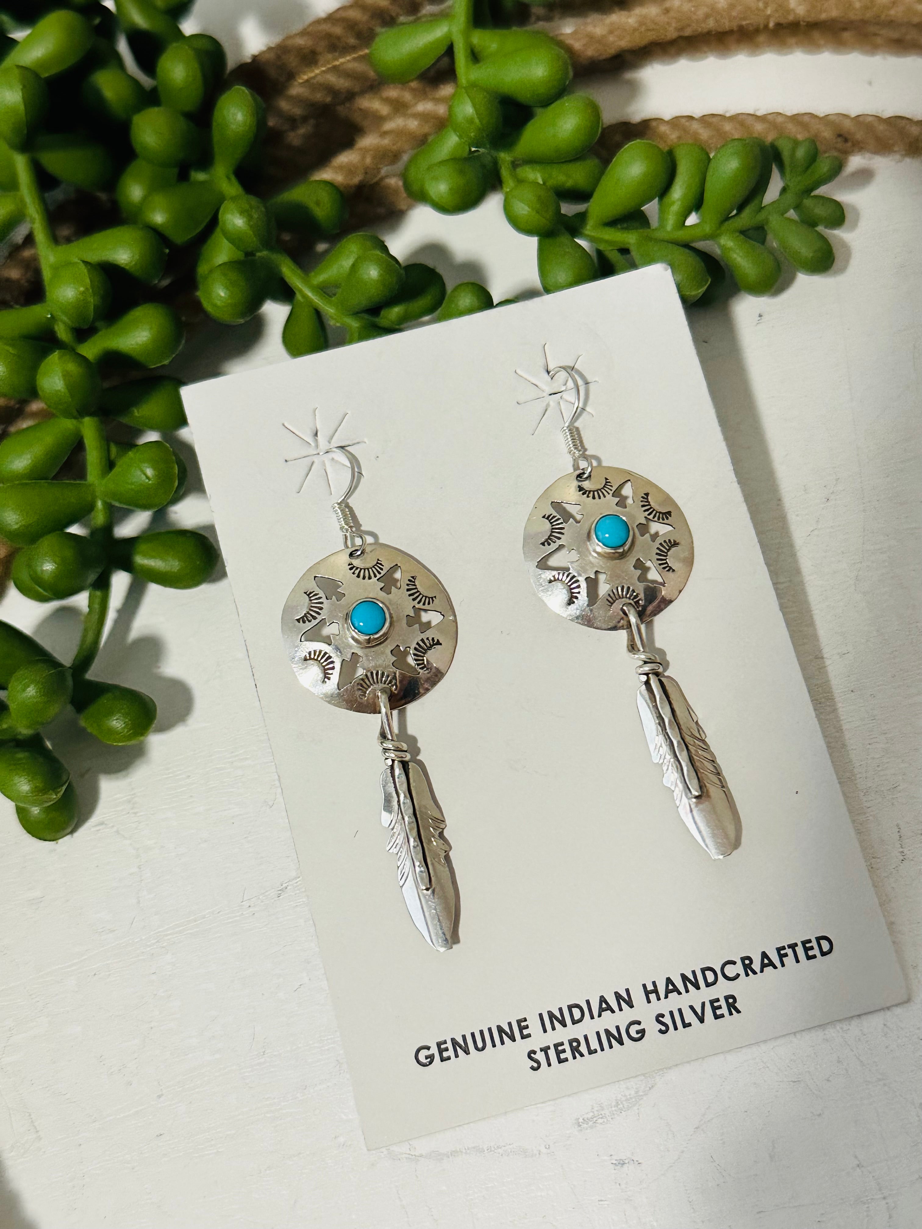 Navajo Made Kingman Turquoise & Sterling Silver Dangle Earrings