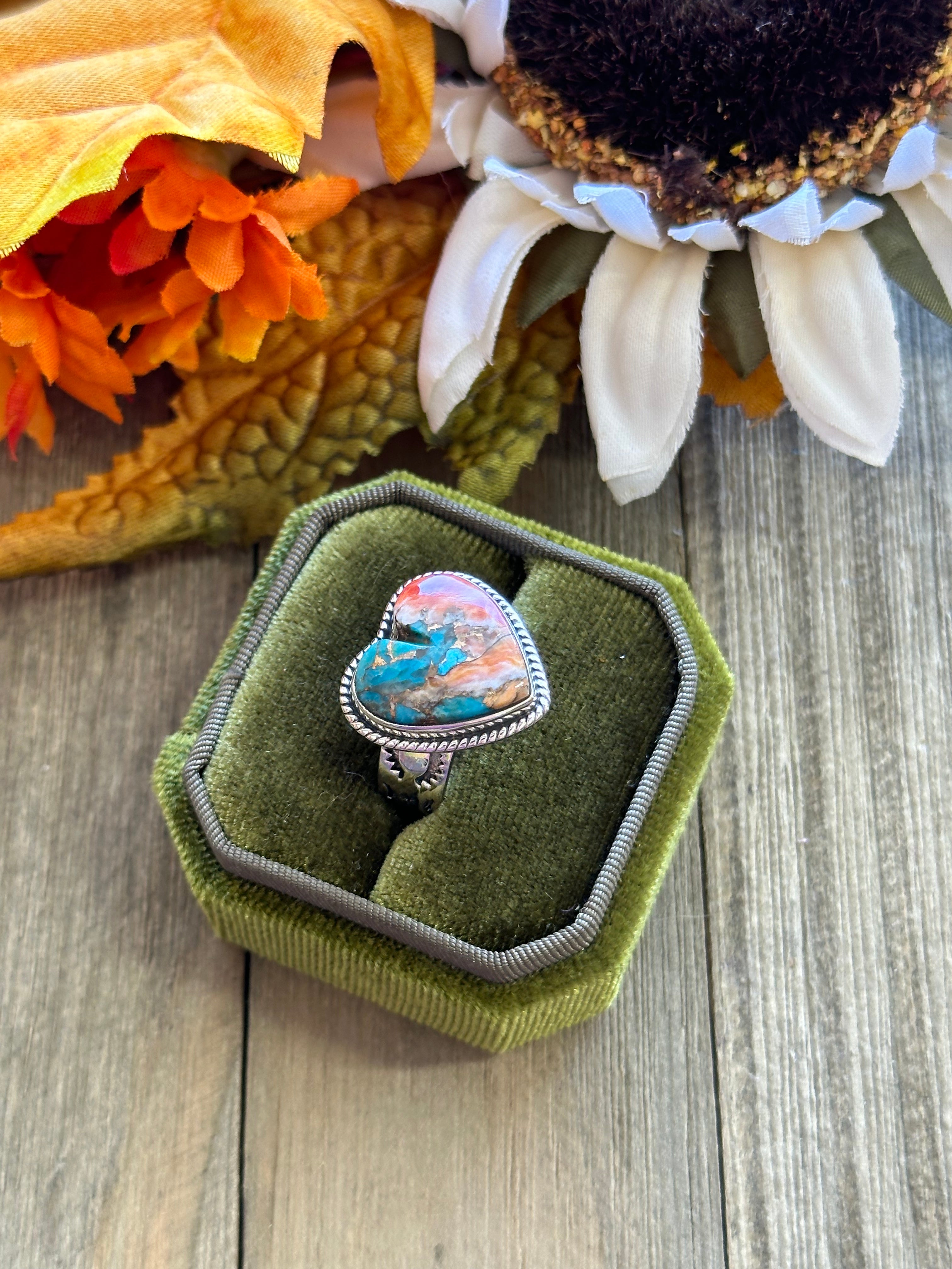 Southwest Handmade Mohave Turquoise & Sterling Silver Adjustable Heart Ring