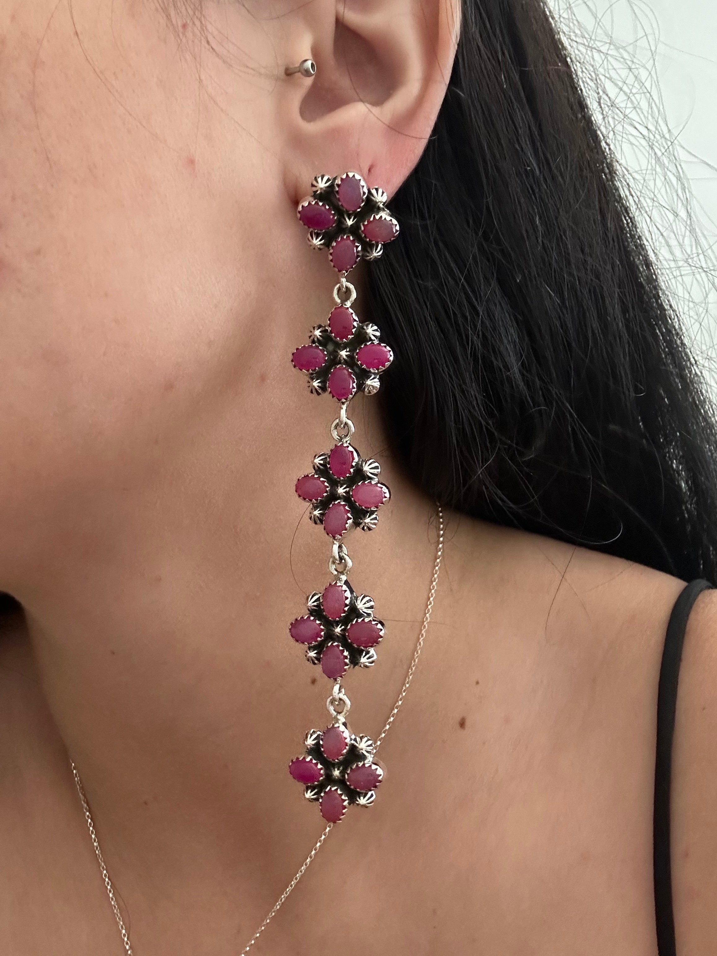 Southwest Handmade Pink Onyx & Sterling Silver Post Dangle Earrings