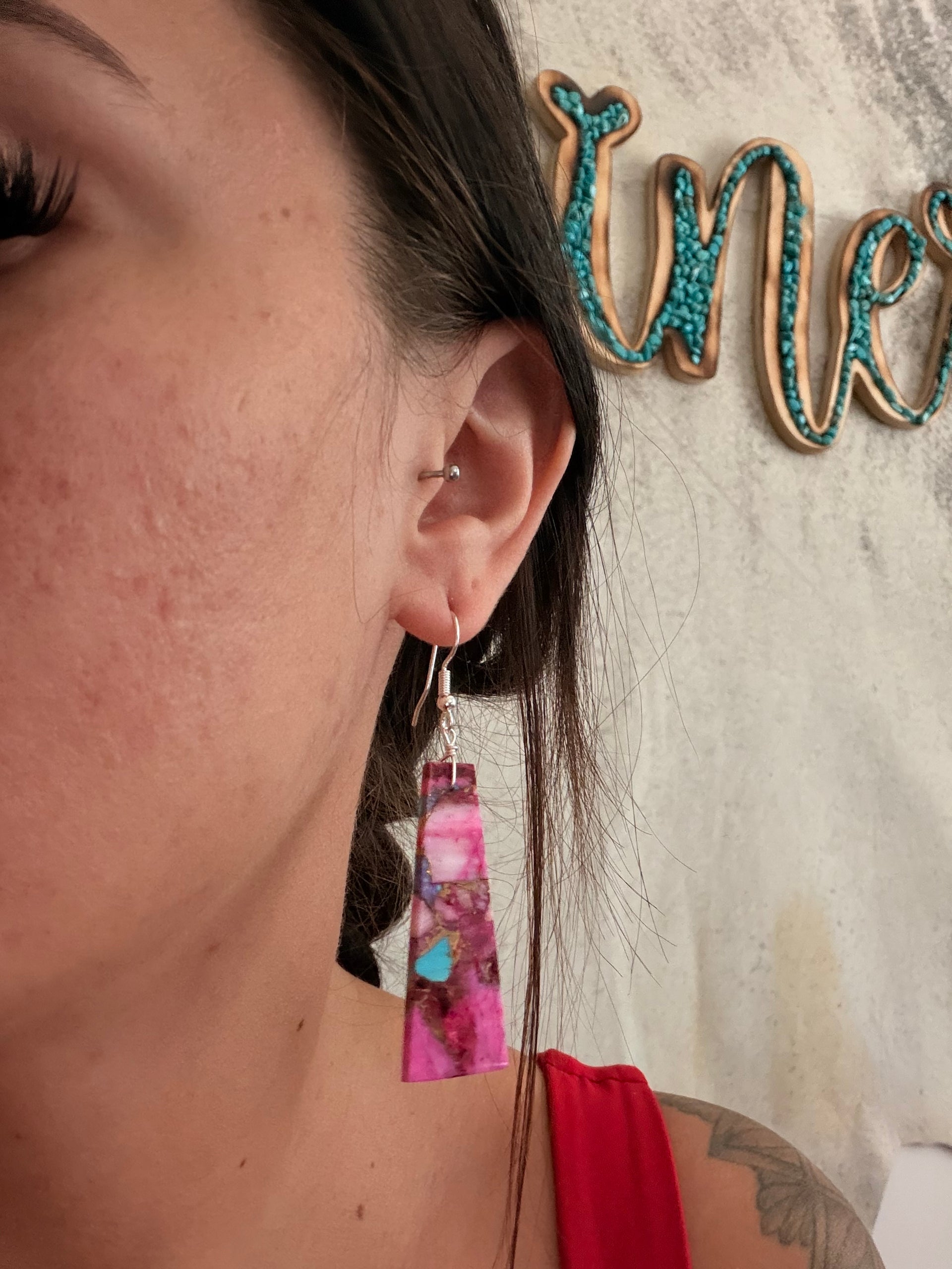 Navajo Made Purple/Pink Mohave Turquoise & Sterling Silver Slab Dangle Earrings