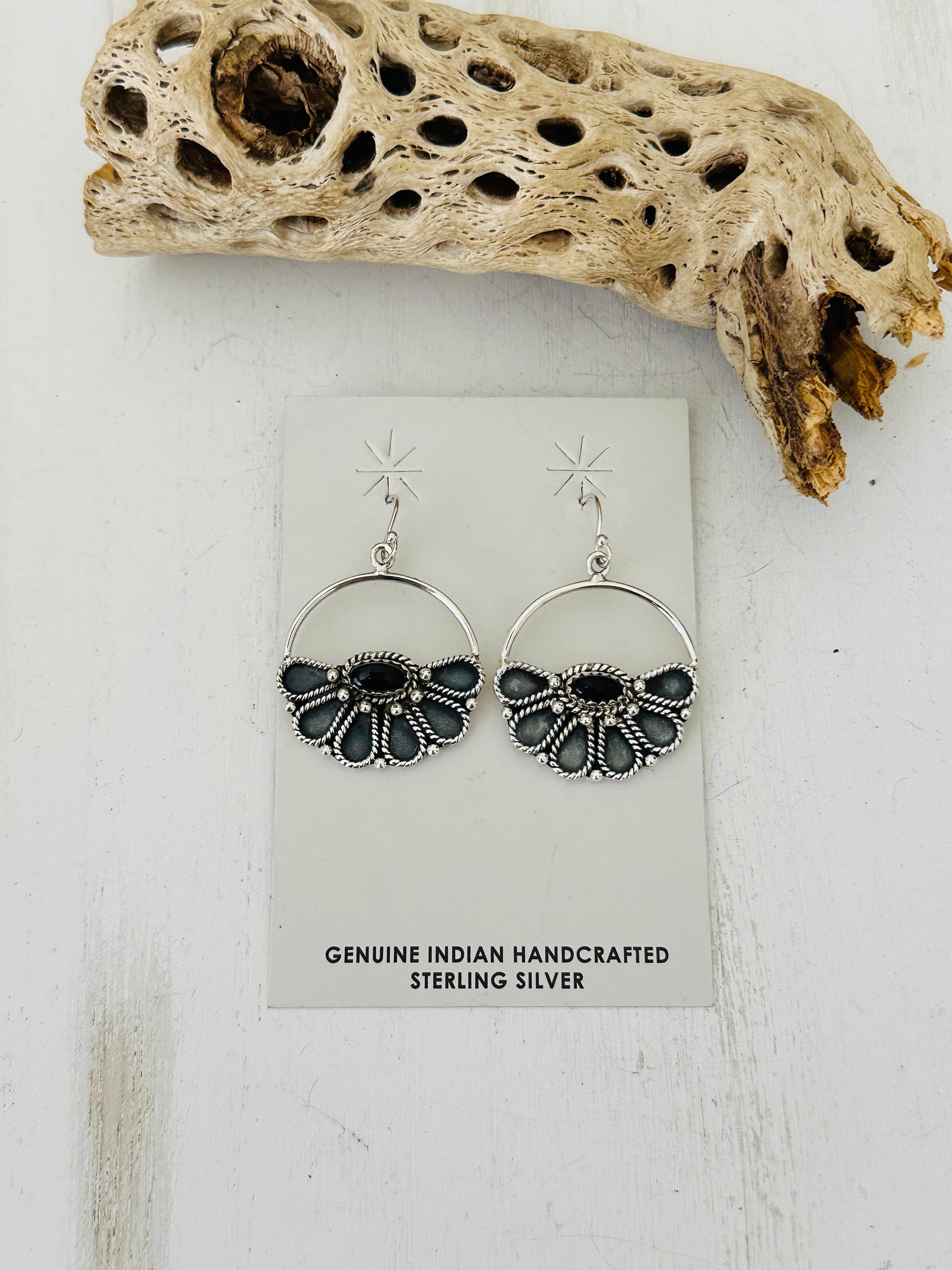 Southwest Handmade Onyx & Sterling Silver Half Flower Dangle Earrings