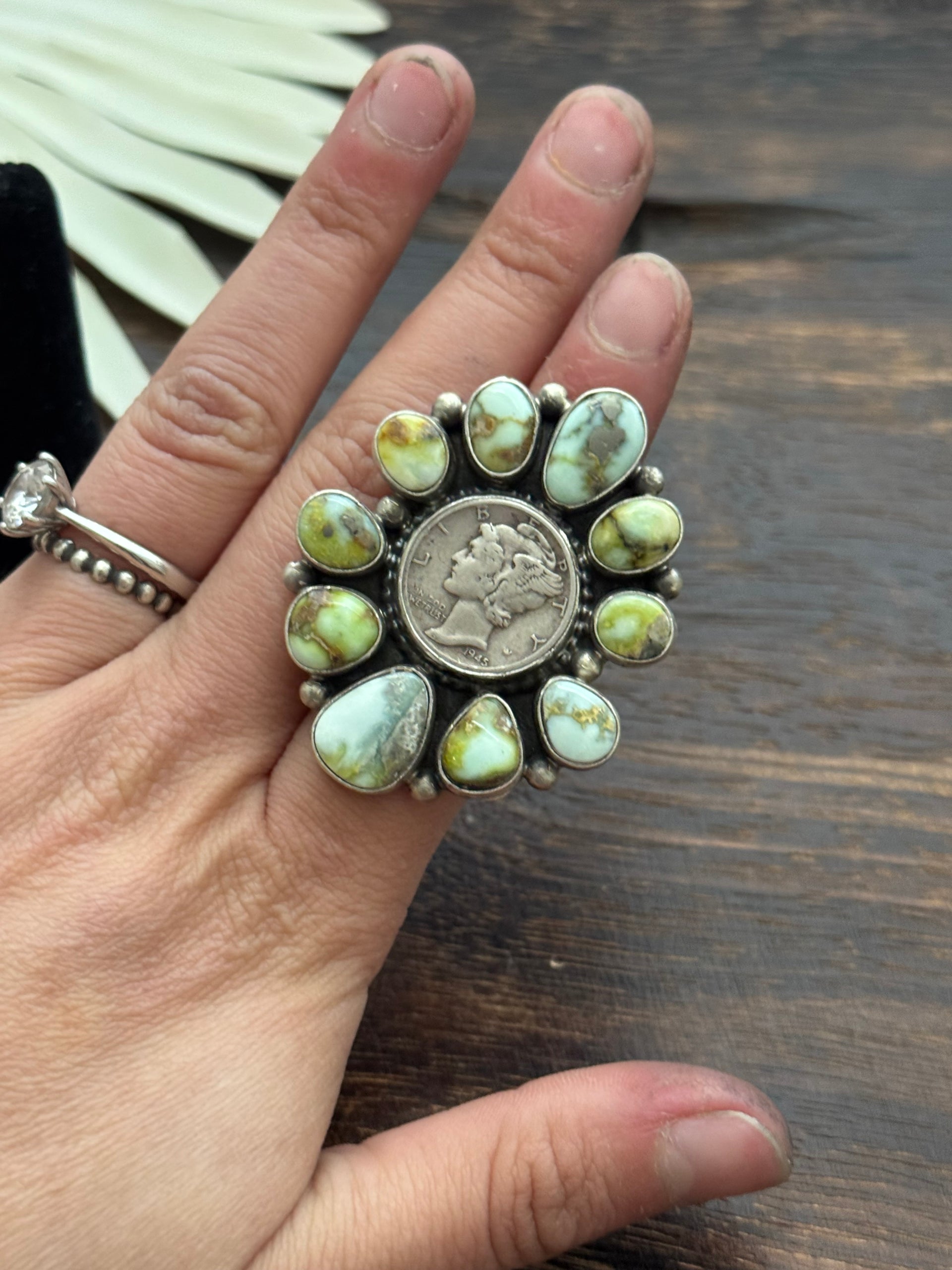 Dave Skeets Palomino Variscite & Sterling Silver Cluster Liberty Coin Ring Size 6.5