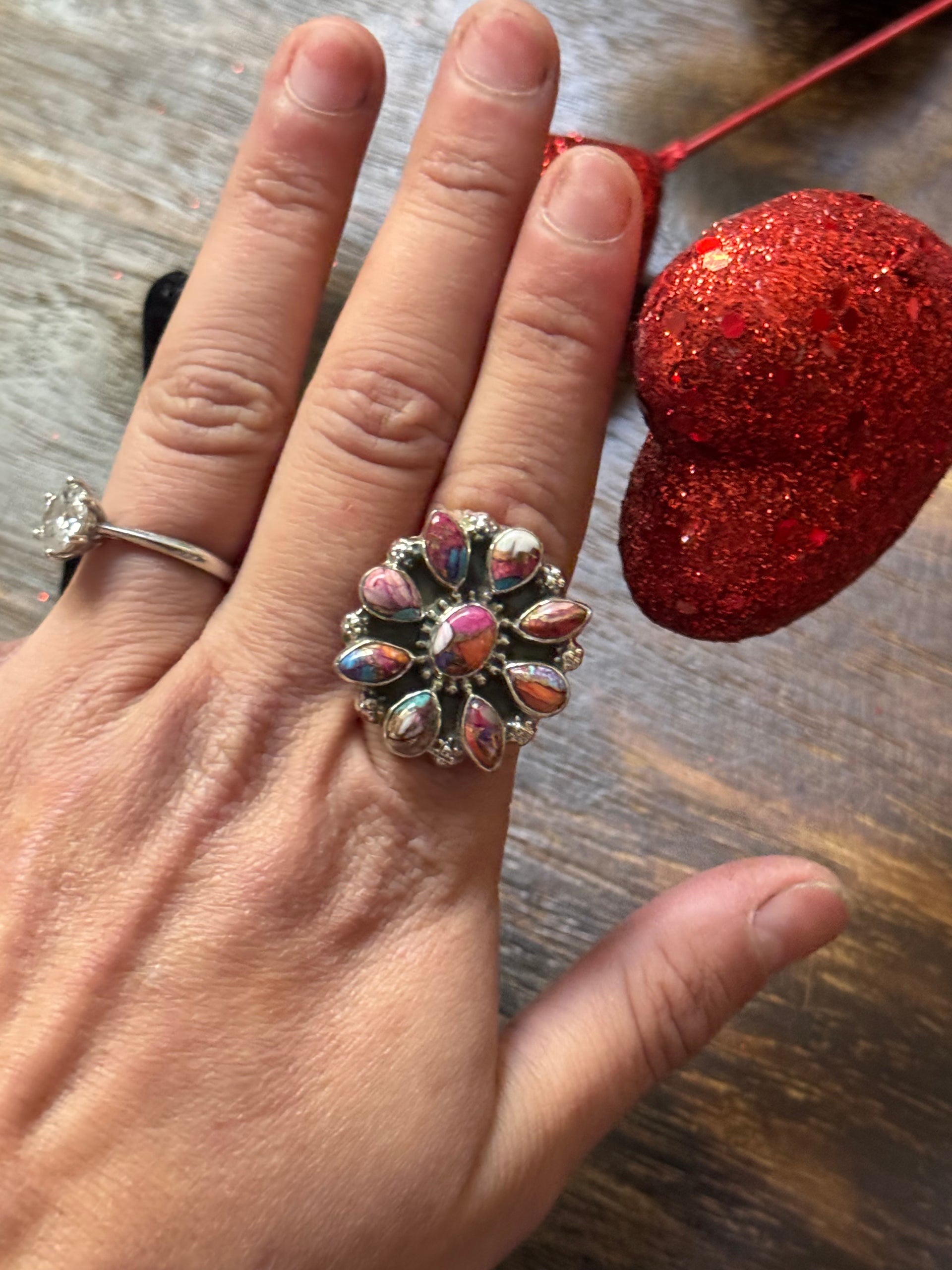 Southwest Handmade Mohave Turquoise & Sterling Silver Adjustable Cluster Ring
