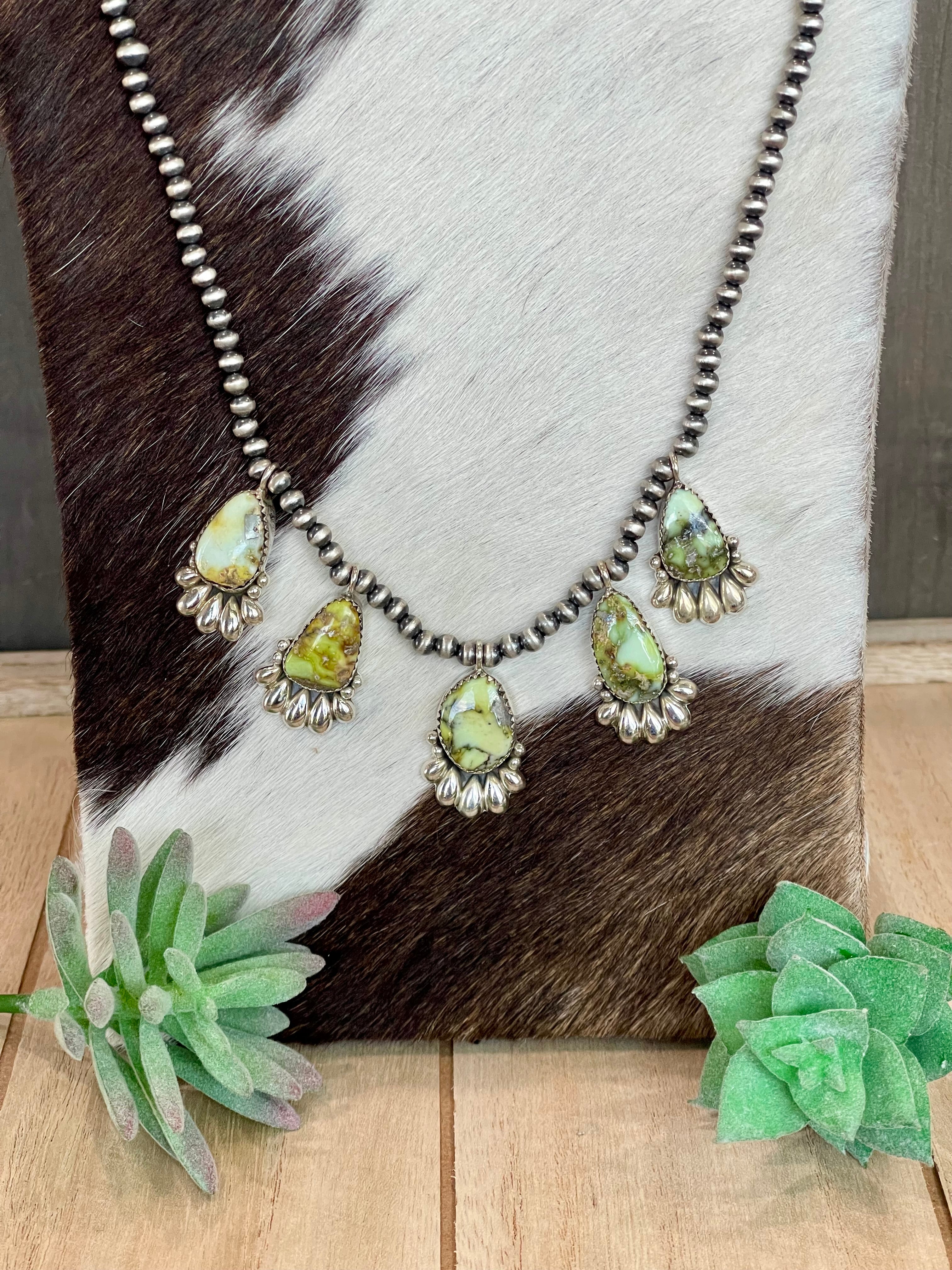 Southwest Handmade Palomino Variscite & Sterling Silver 5 Stone Necklace