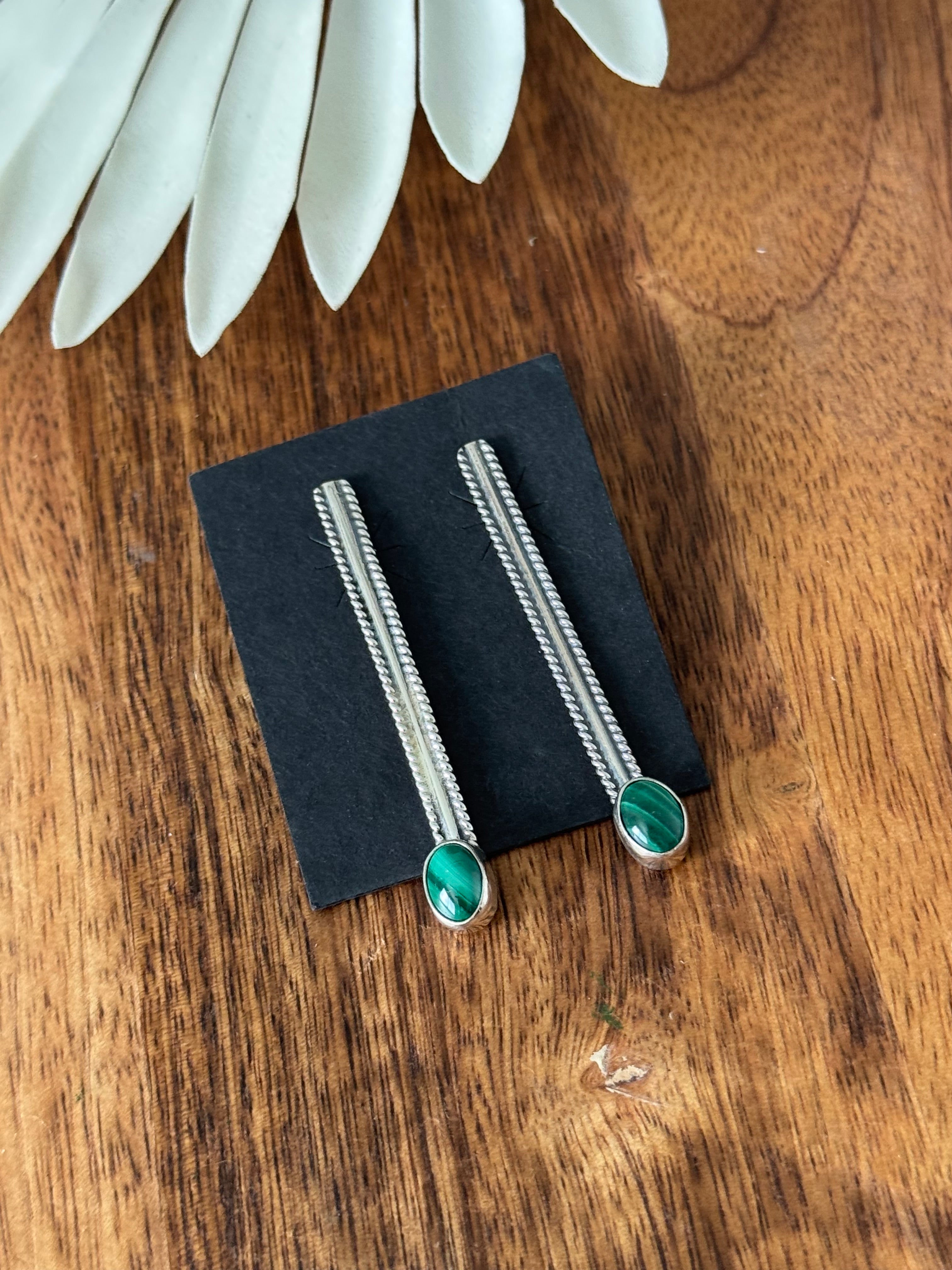 Navajo Handmade Malachite & Sterling Silver Dangle Earrings