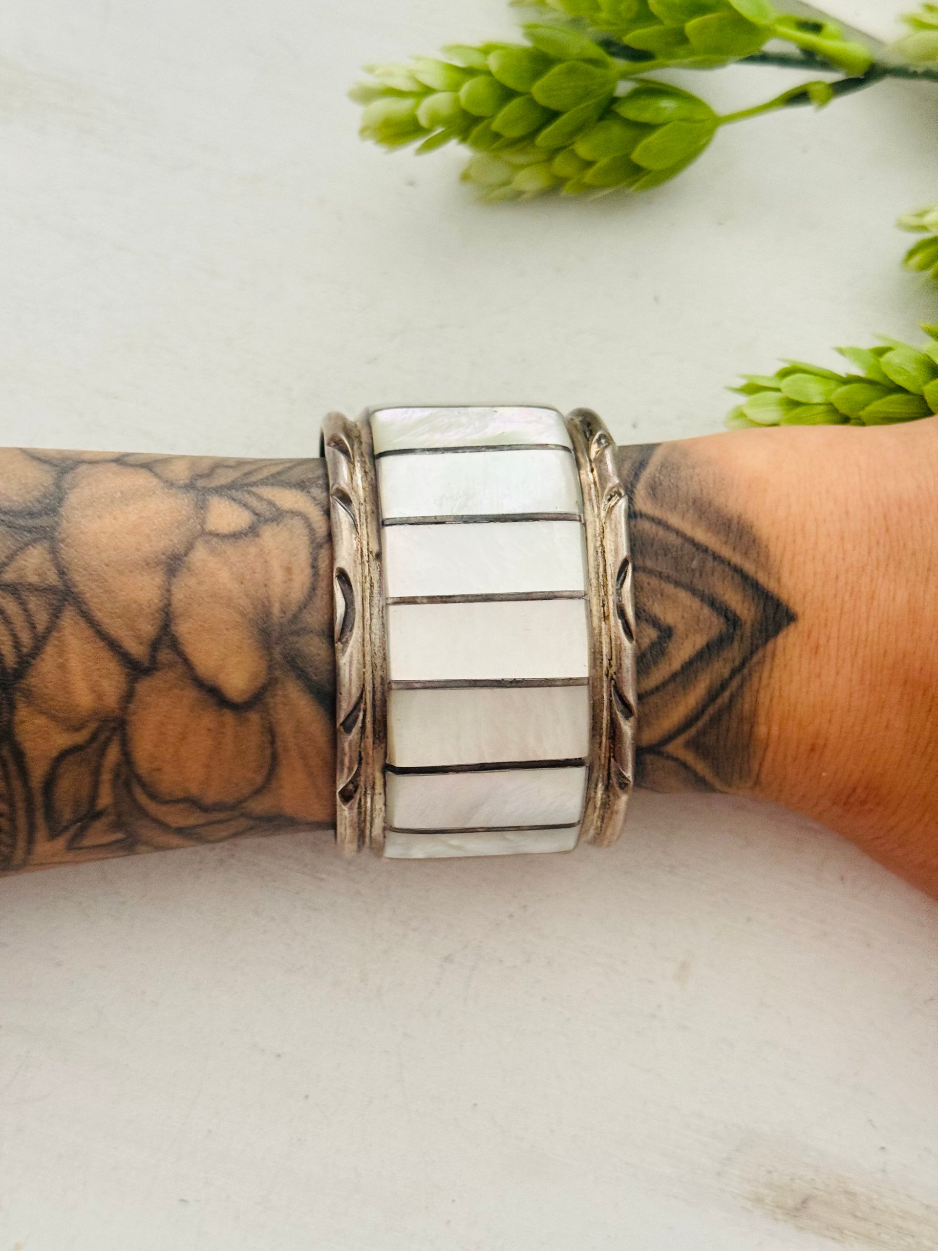 Vintage Navajo Made Mother of Pearl Sterling Silver Cuff Bracelet