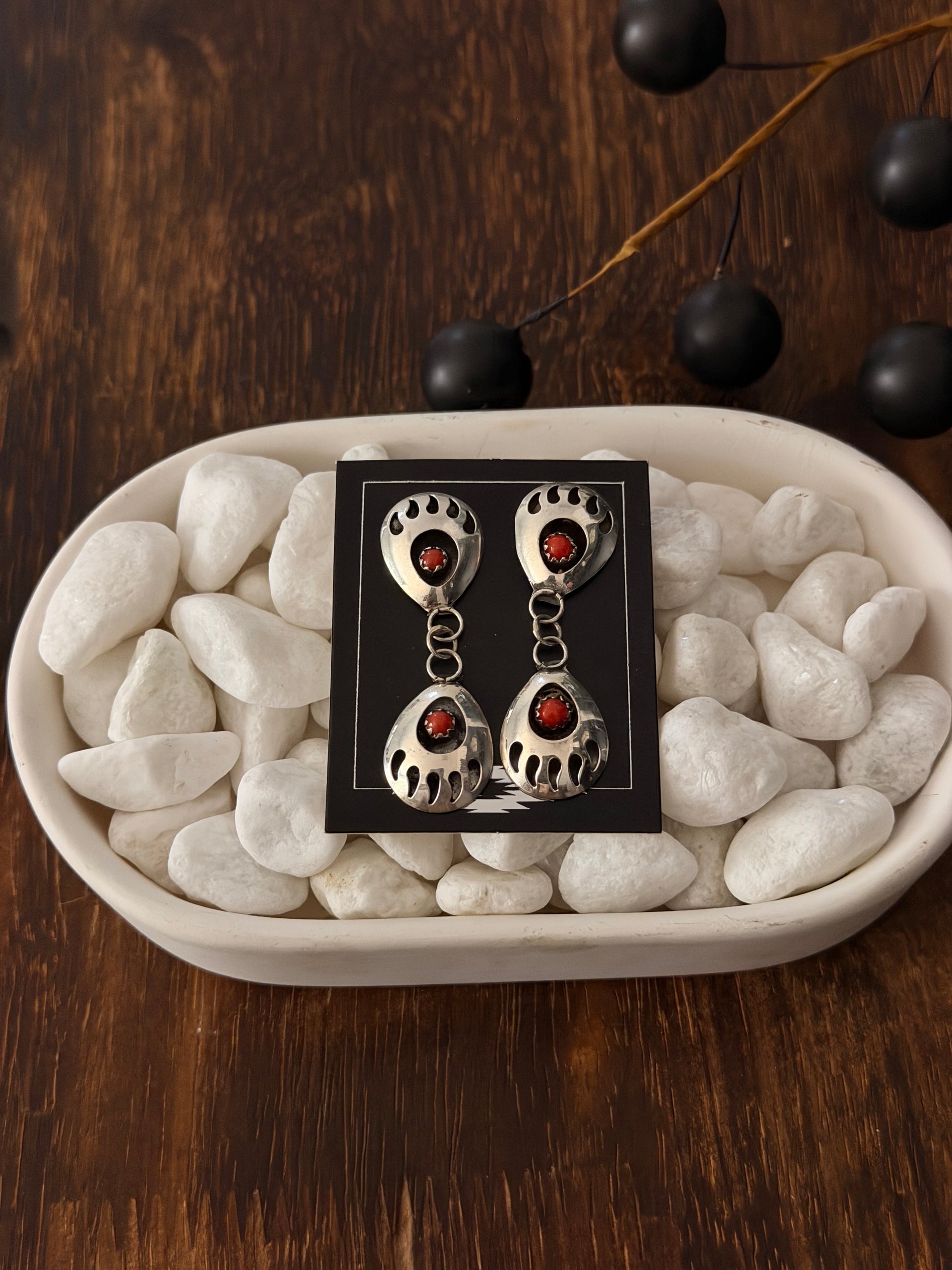 Navajo Made Coral & Sterling Silver Post Dangle Bear Claw Earrings
