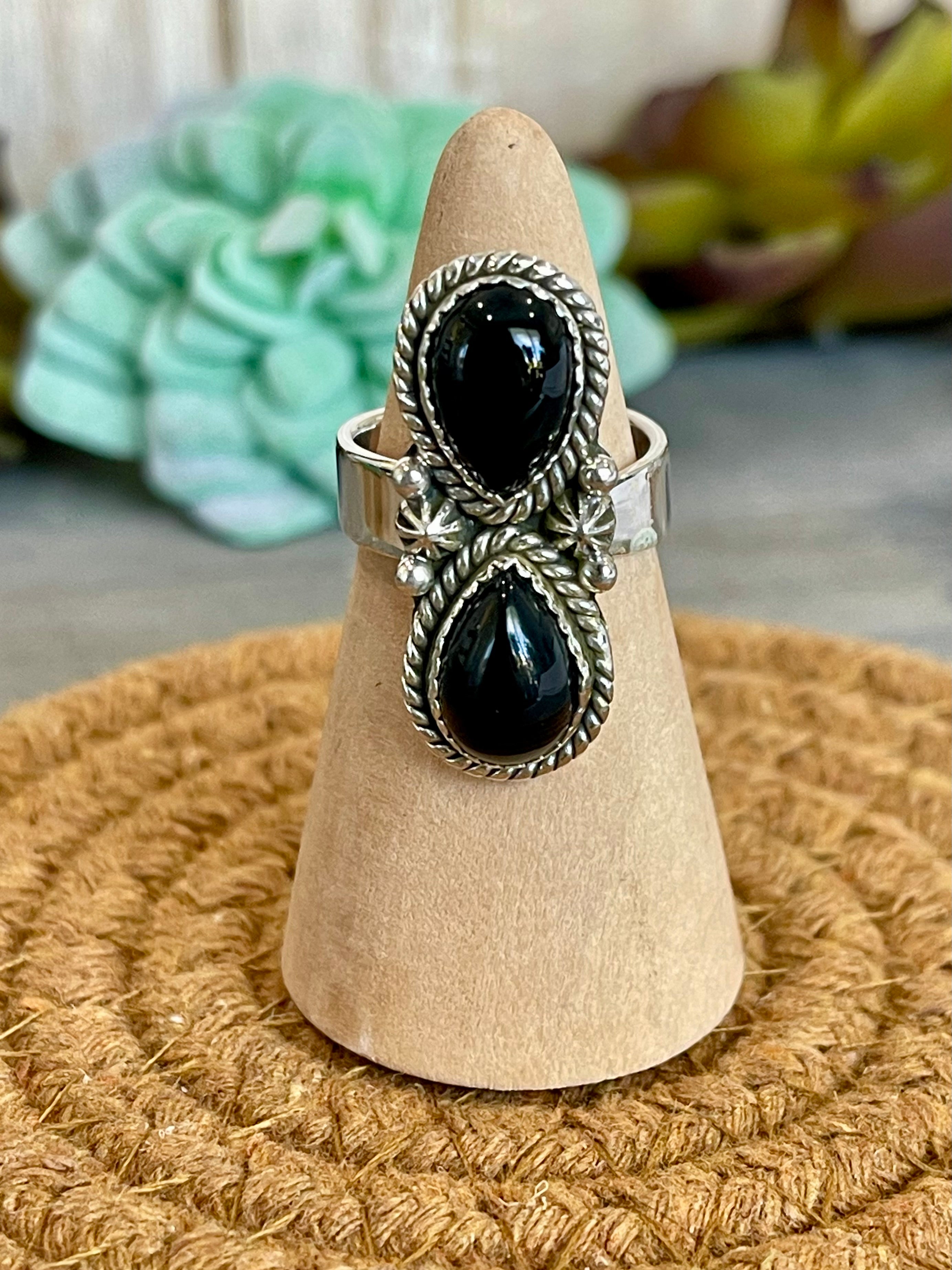 Southwest Handmade Black Onyx & Sterling Silver Adjustable Ring