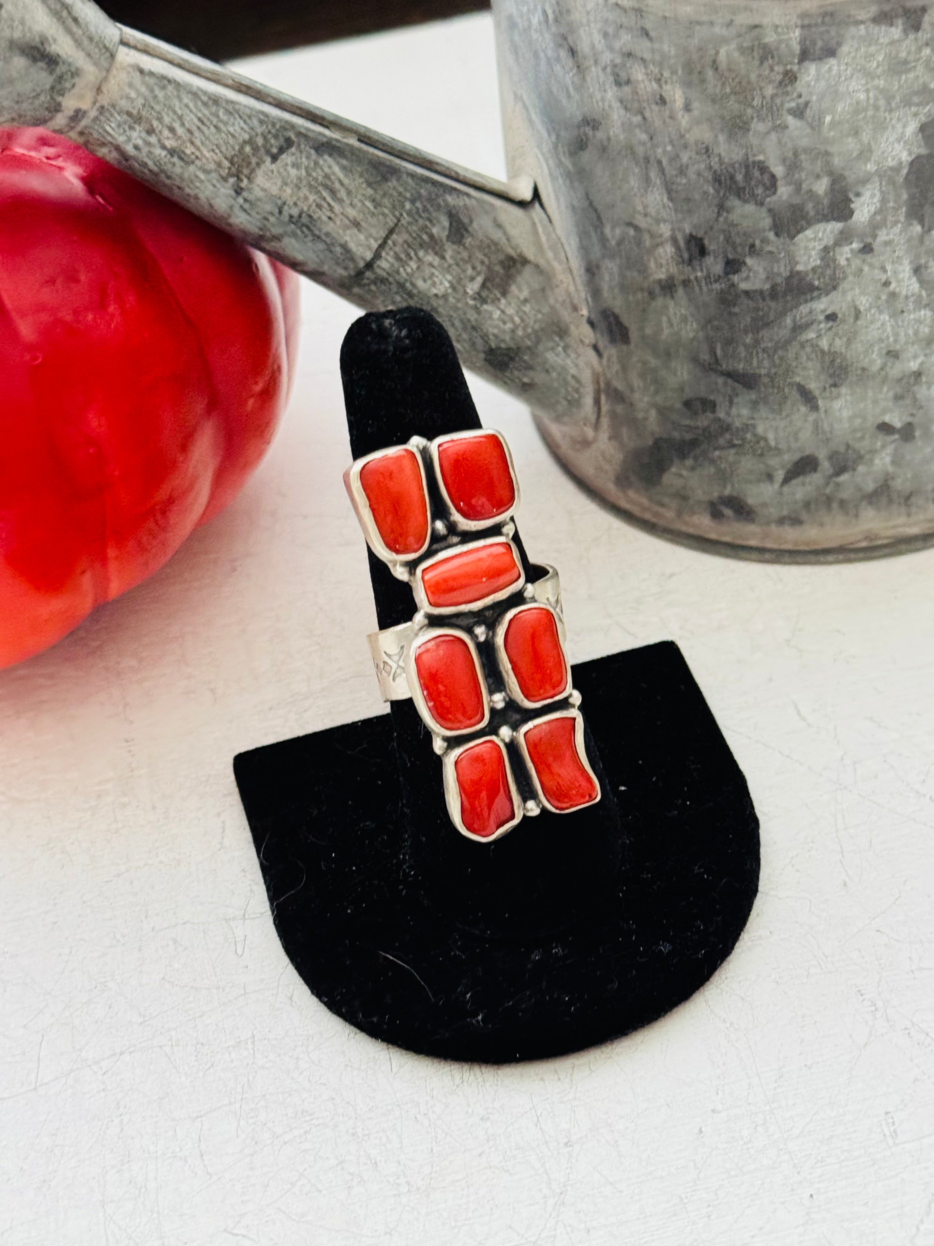 Navajo Made Red Coral & Sterling Silver Adjustable Ring