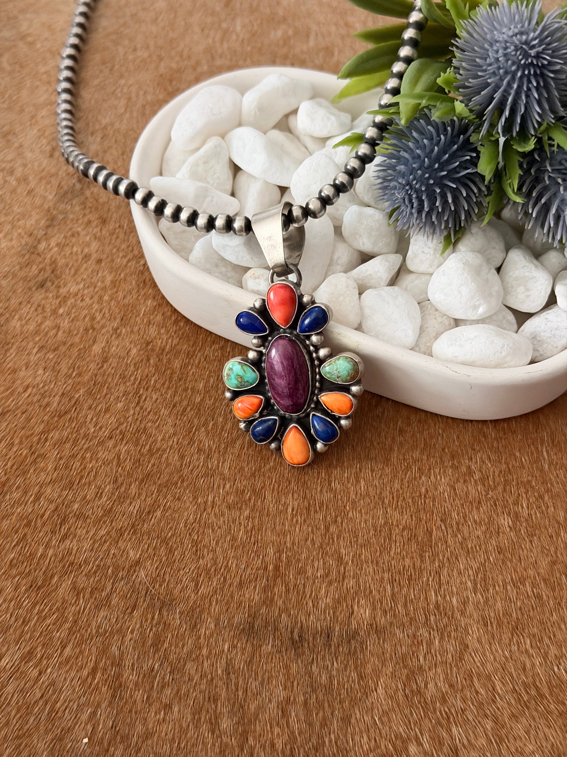 Betty Tom Multi Stone & Sterling Silver Cluster Pendant