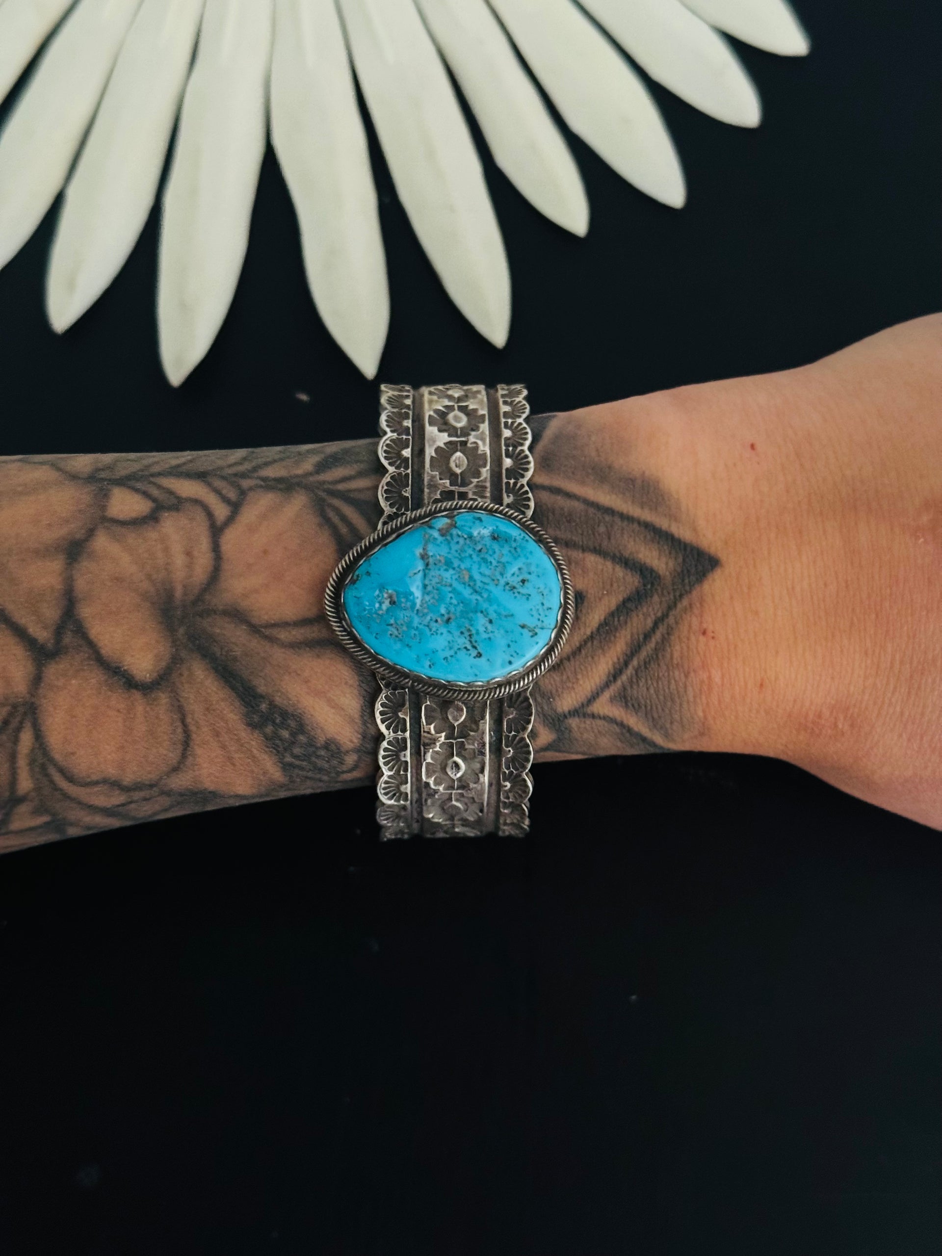 Navajo Made Kingman Turquoise Nugget & Sterling Silver Cuff Bracelet