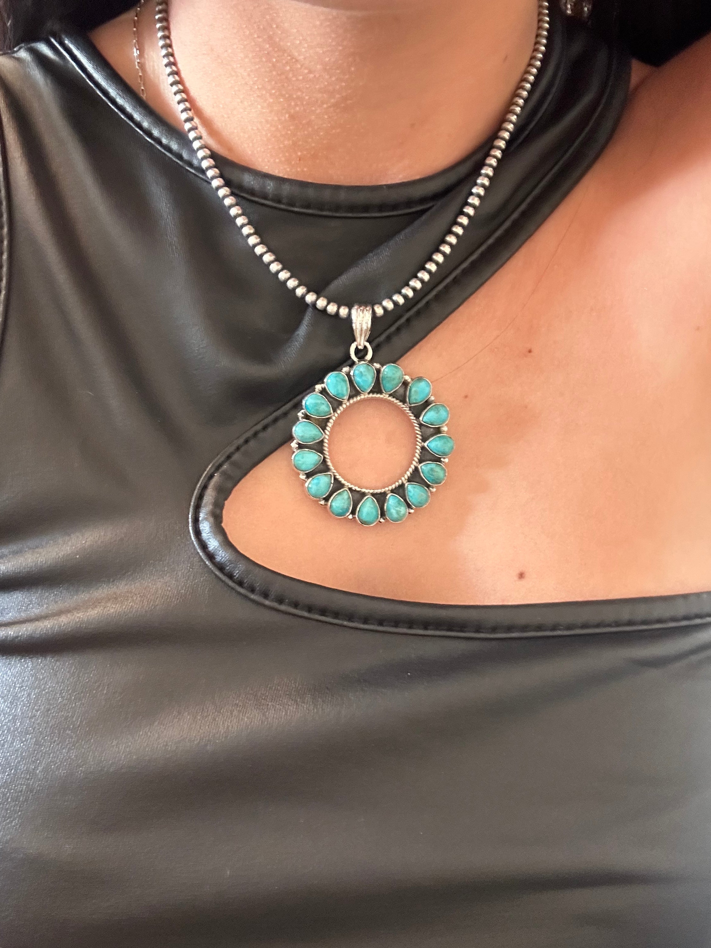 Southwest Handmade Kingman Turquoise & Sterling Silver Cluster Pendant