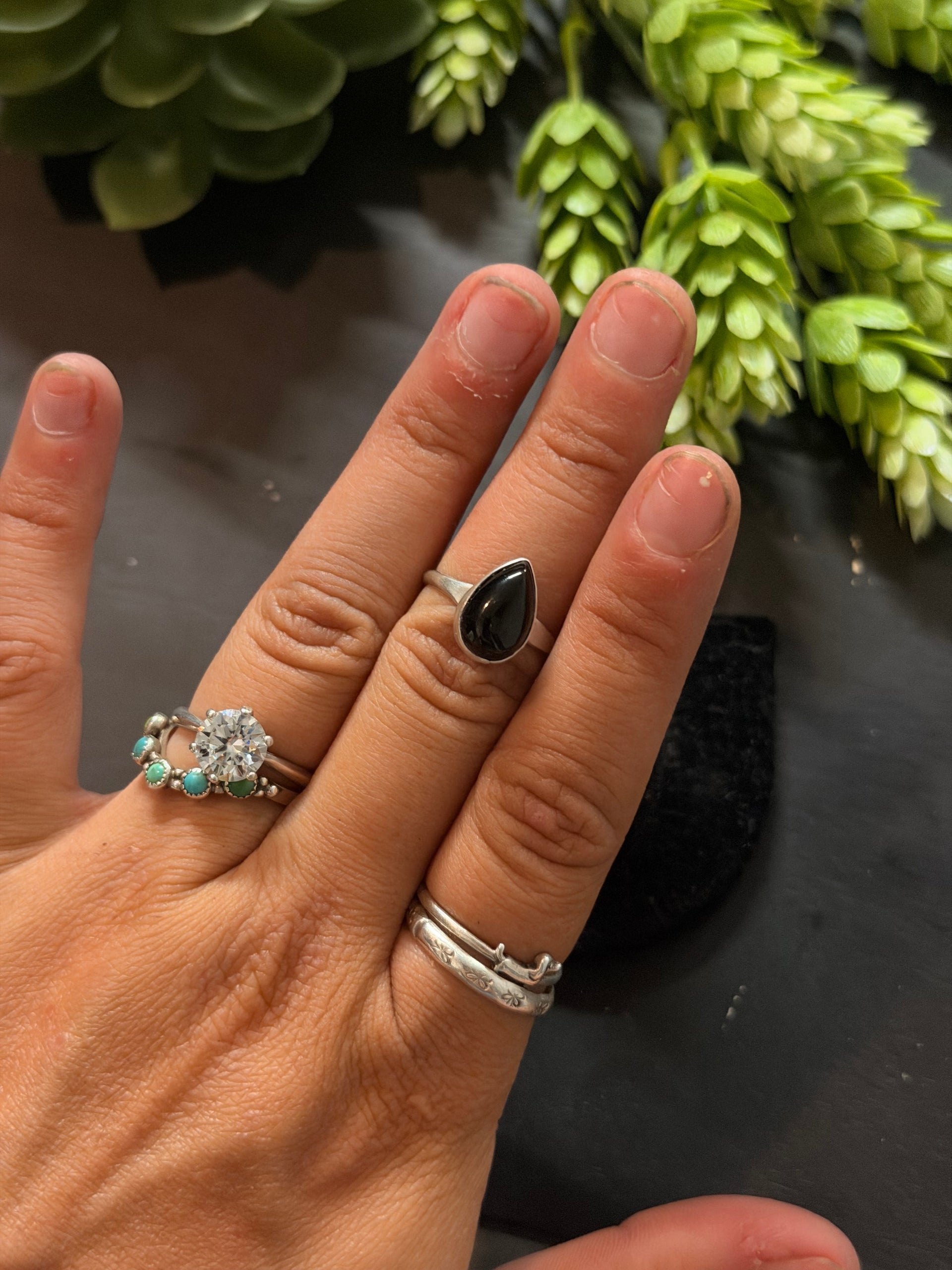 Navajo Made Onyx & Sterling Silver Ring Size 6