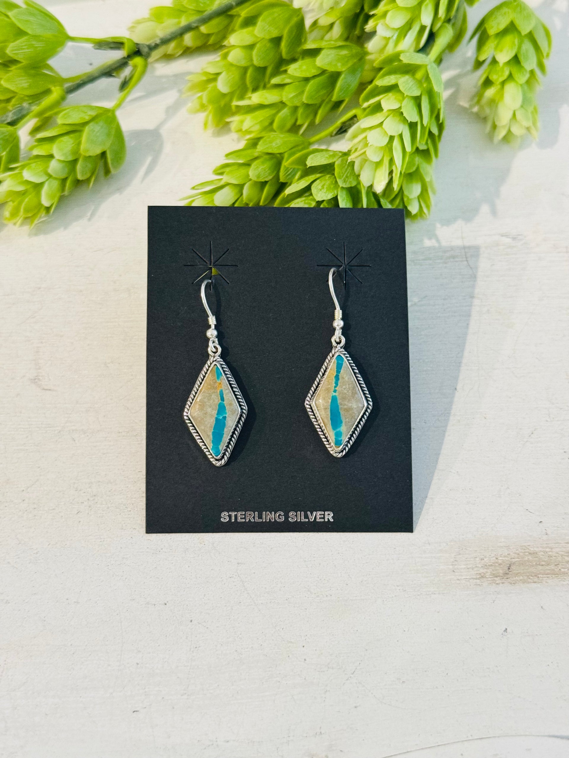 Southwest Handmade Ribbon Royston Turquoise & Sterling Silver Dangle Earrings