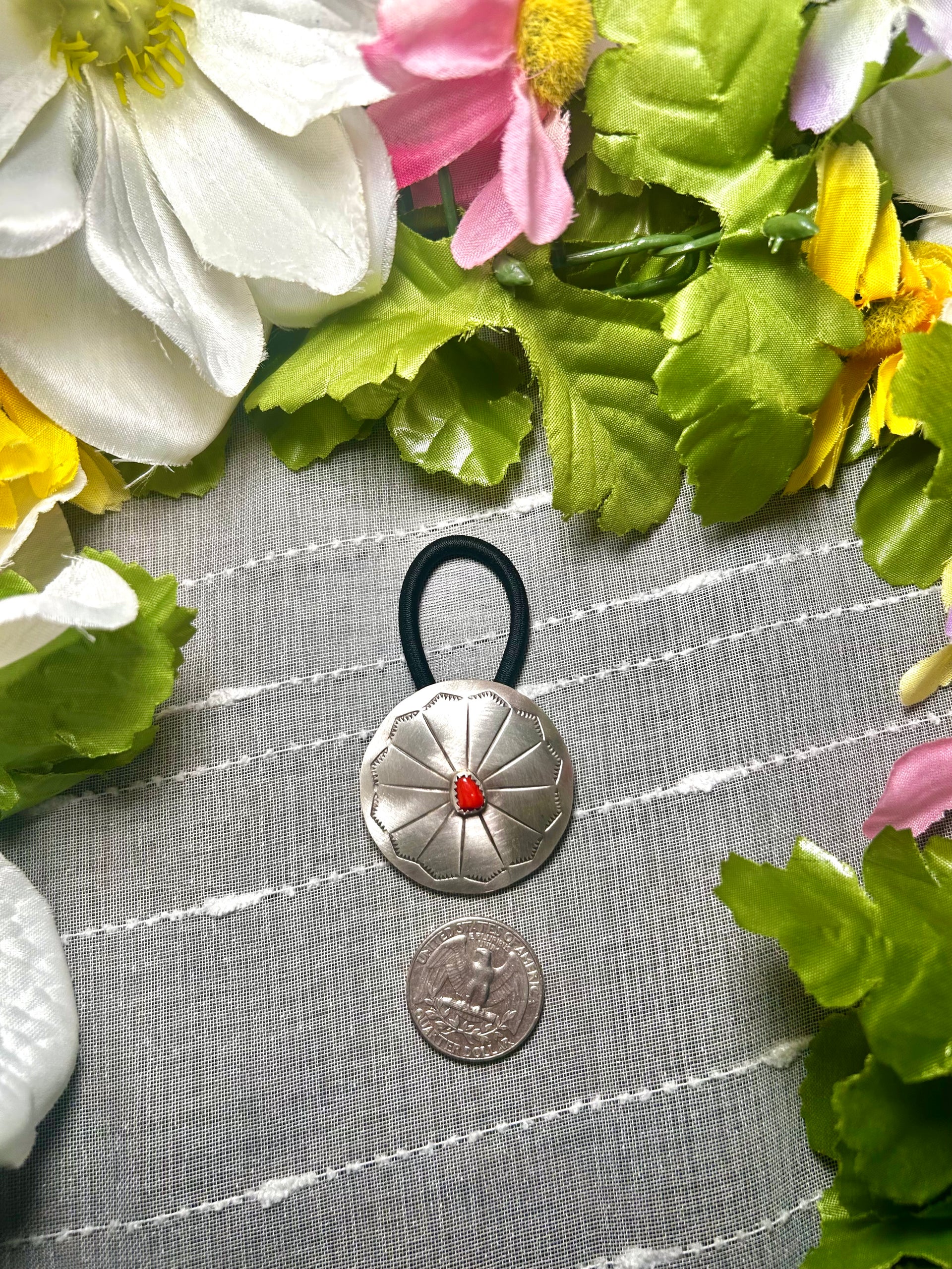 Navajo Made Mediterranean Coral & Sterling Silver Hair Tie