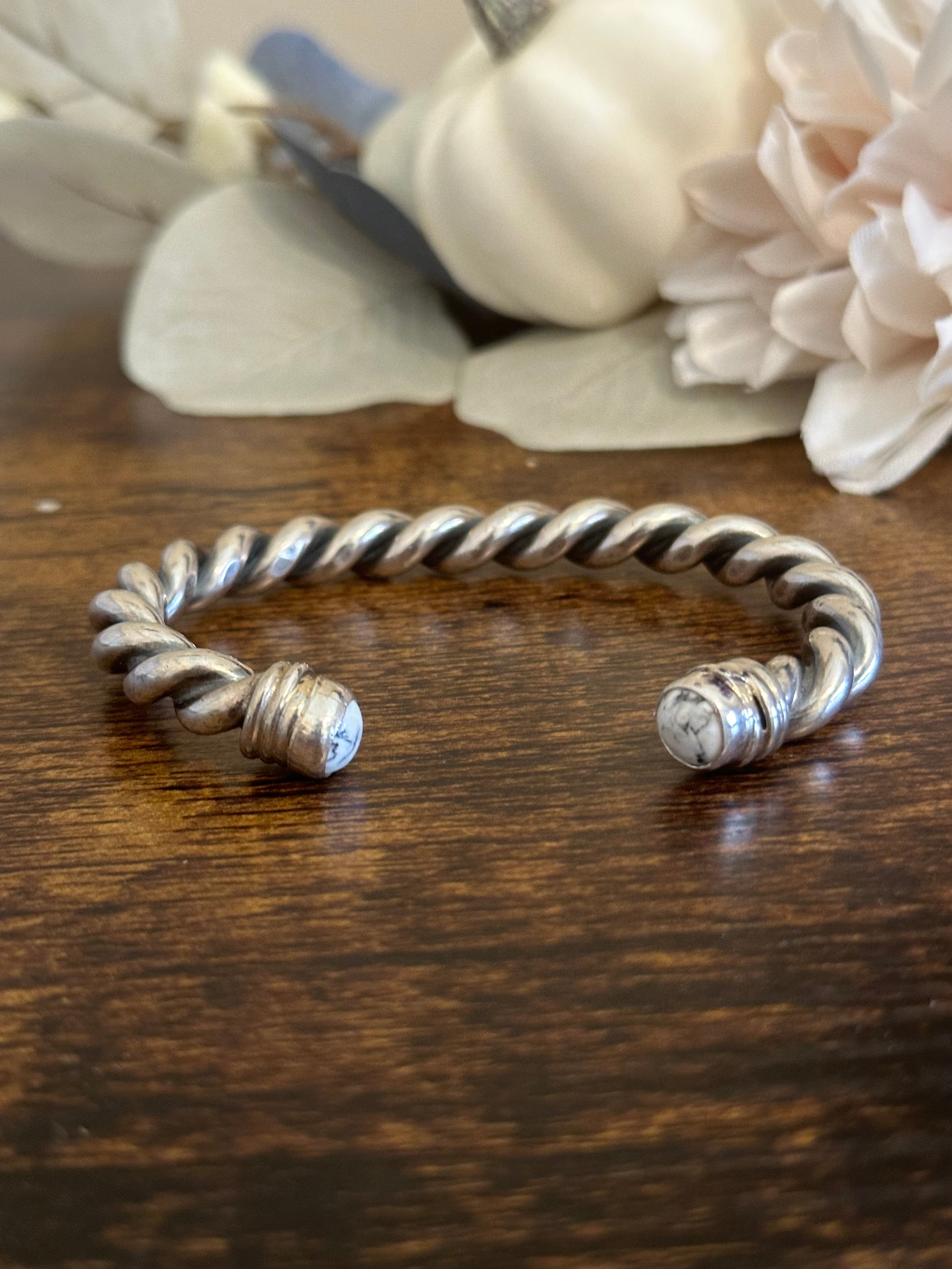 Navajo Made White Buffalo & Sterling Silver Cuff Bracelet