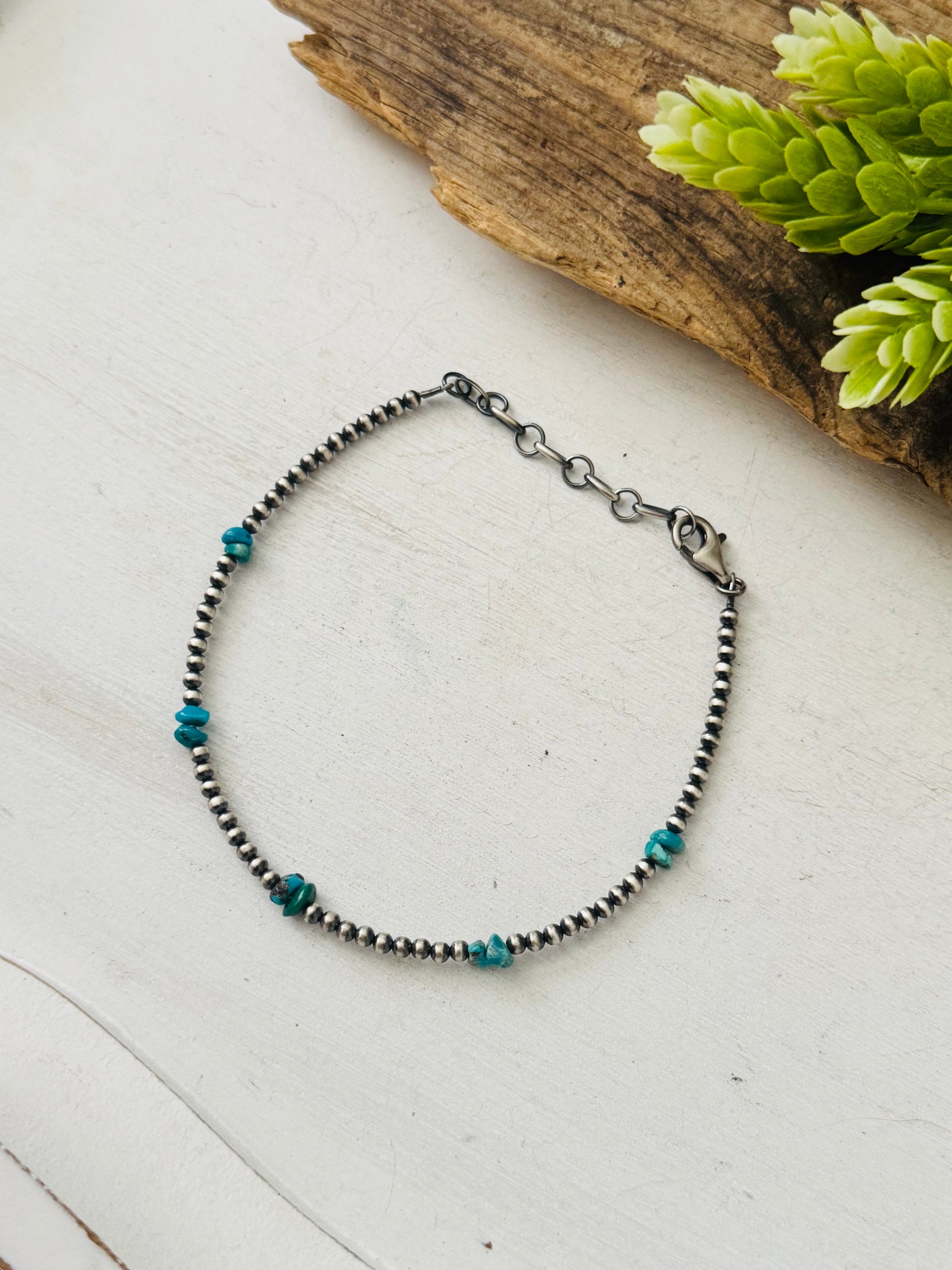 Navajo Made Kingman Turquoise & Sterling Silver Strung Anklet
