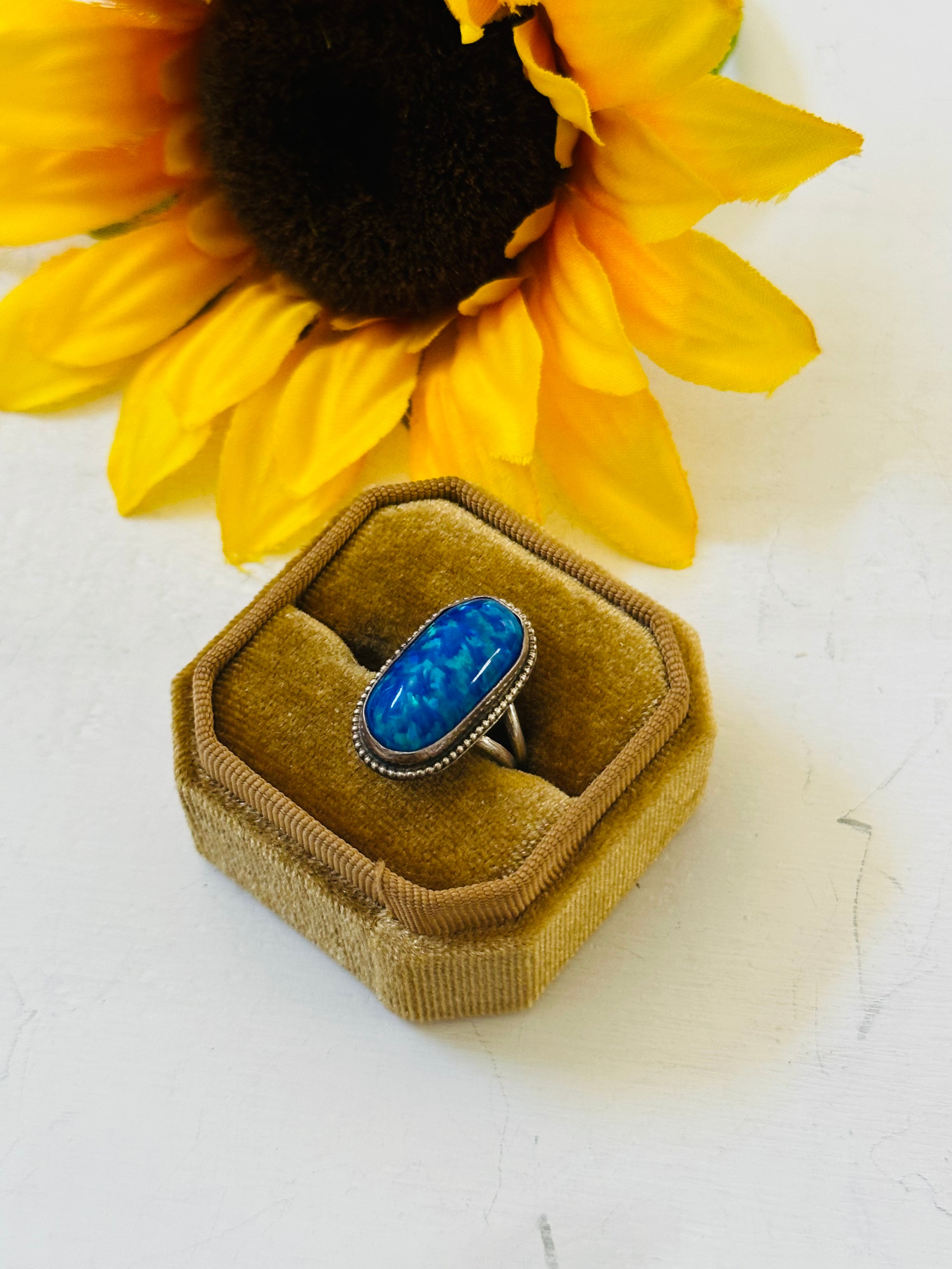 Navajo Made Blue Opal & Sterling Silver Ring Size 7.5